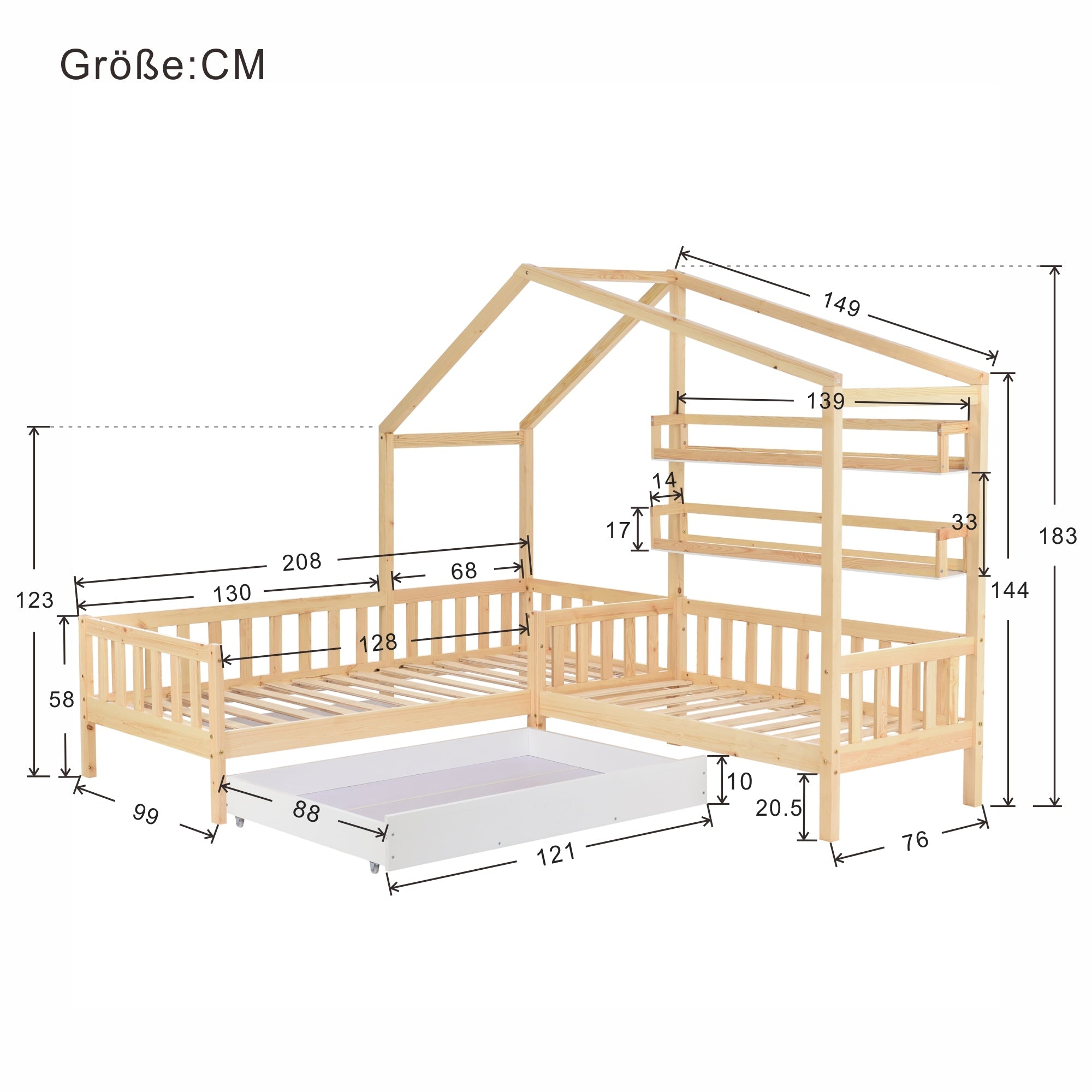 Children's House Bed with Drawers & Shelves, L-Shaped, Solid Wood