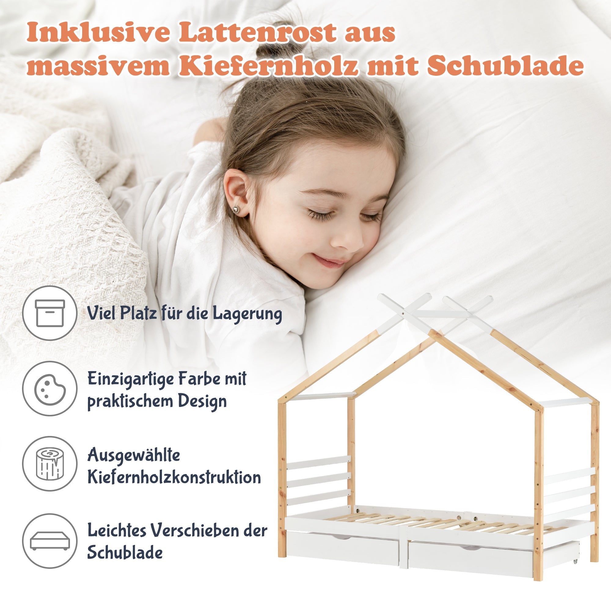 Children's Bed House Bed with Drawers, Solid Pine Wood, White + Wood Color