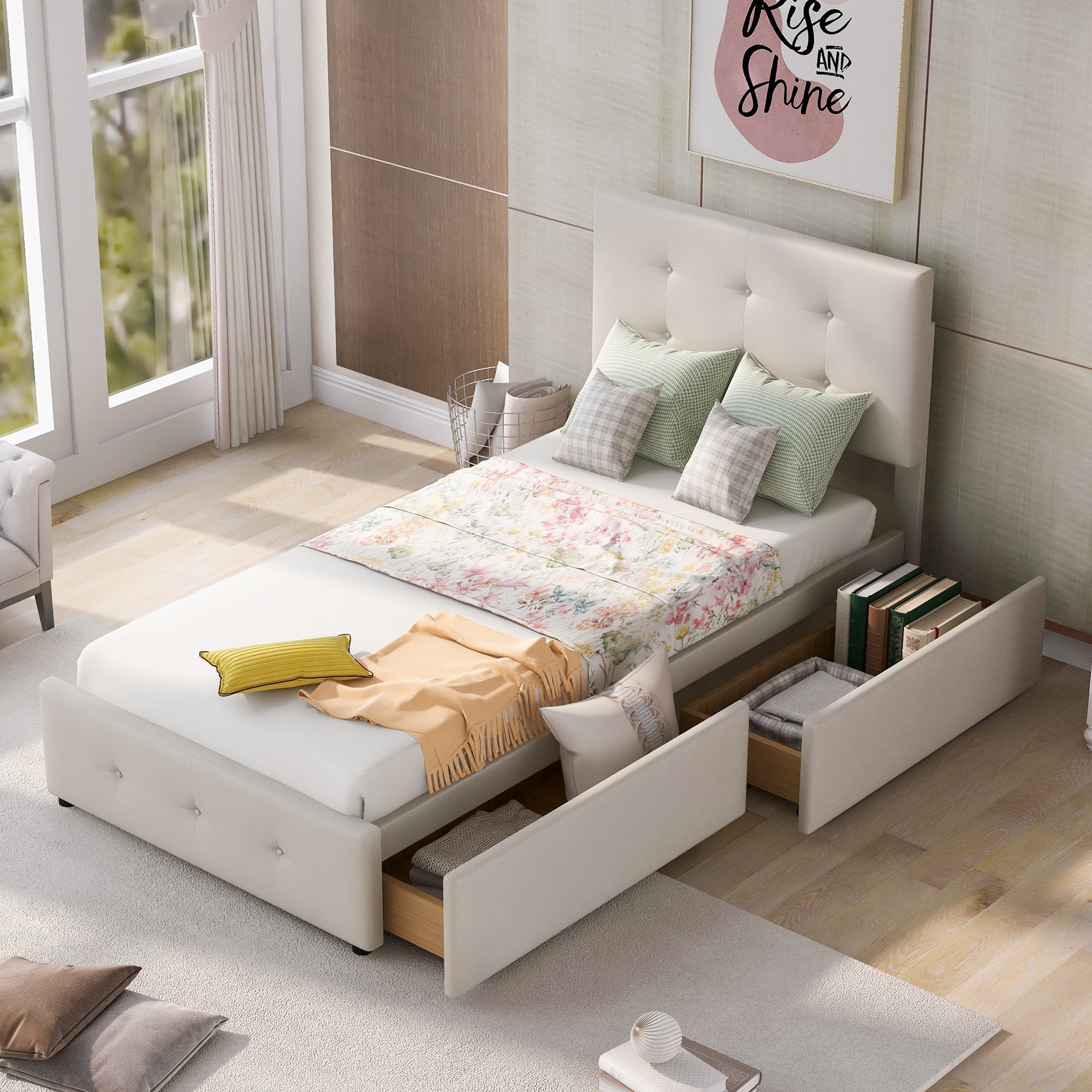 Upholstered Bed, 90x200cm with Slatted Frame & 2 Drawers, Beige Velvet