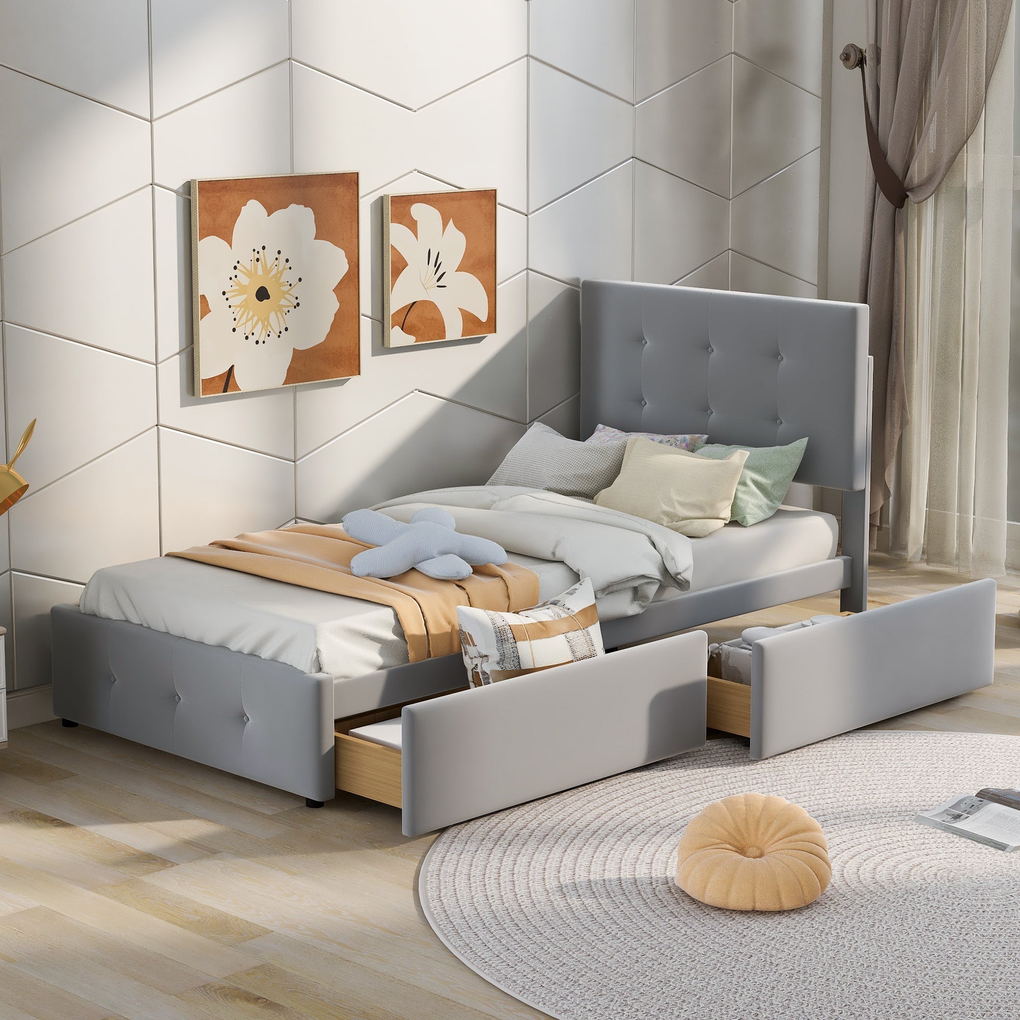 Upholstered Bed 90x200cm, Slatted Frame, Two Drawers, Adjustable Headboard, Velvet Fabric Grey