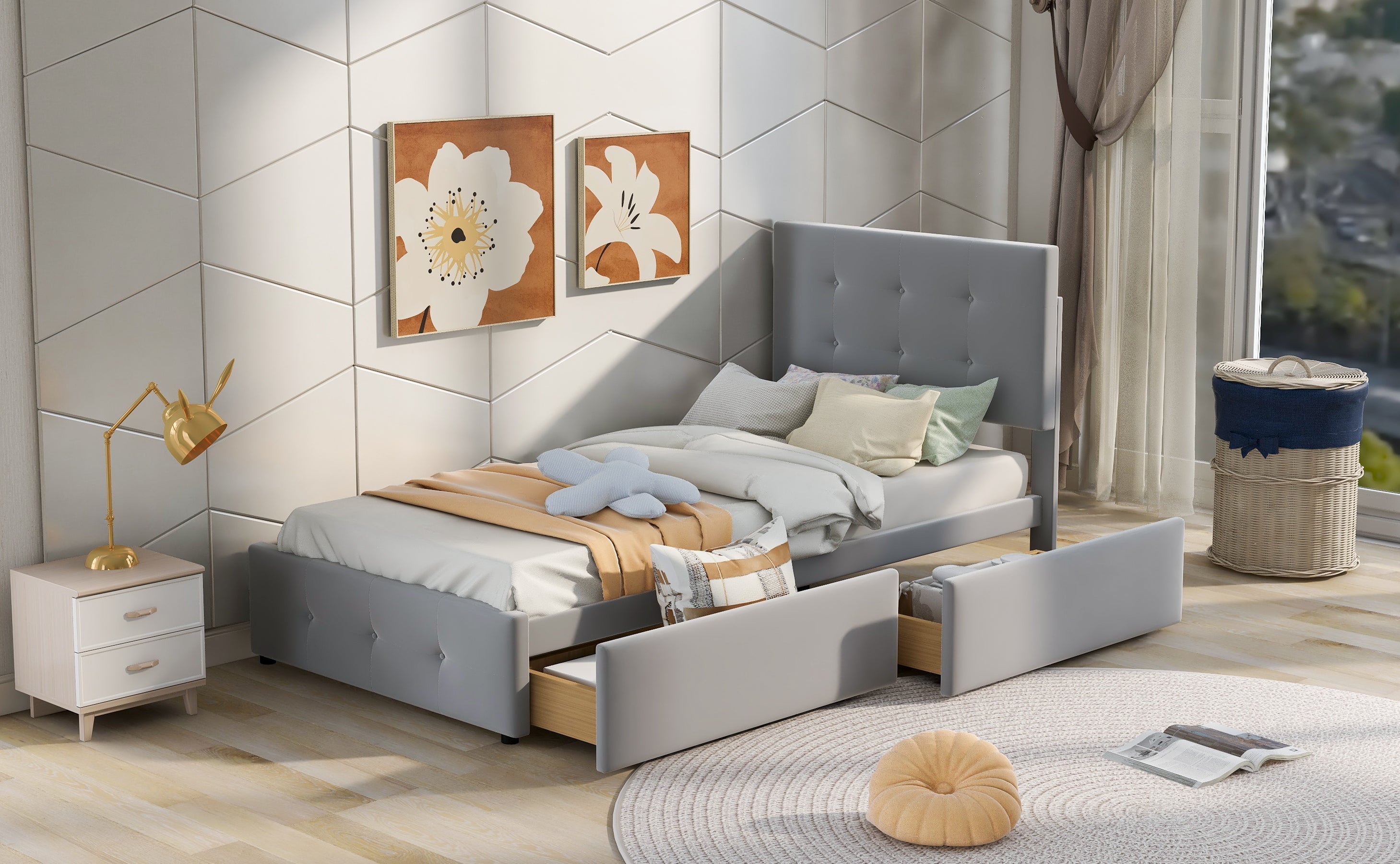 Upholstered Bed 90x200cm, Slatted Frame, Two Drawers, Adjustable Headboard, Velvet Fabric Grey