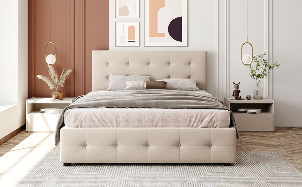 Upholstered Bed, 140x200cm Double with Drawers & Slats, Beige Velvet