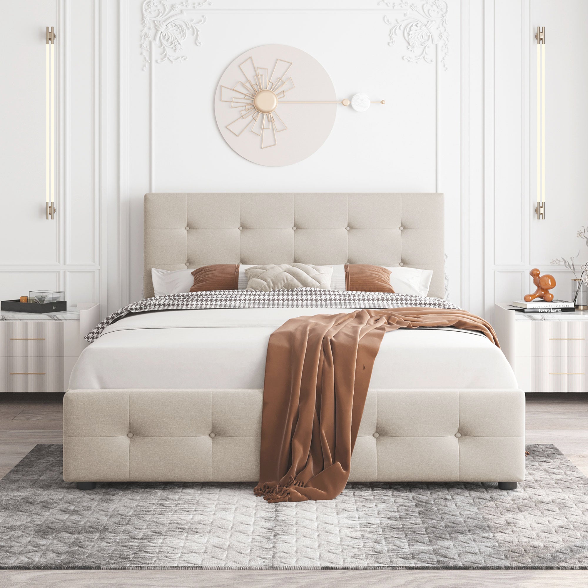 Upholstered Bed, 140x200cm Double with Drawers & Slats, Beige Velvet