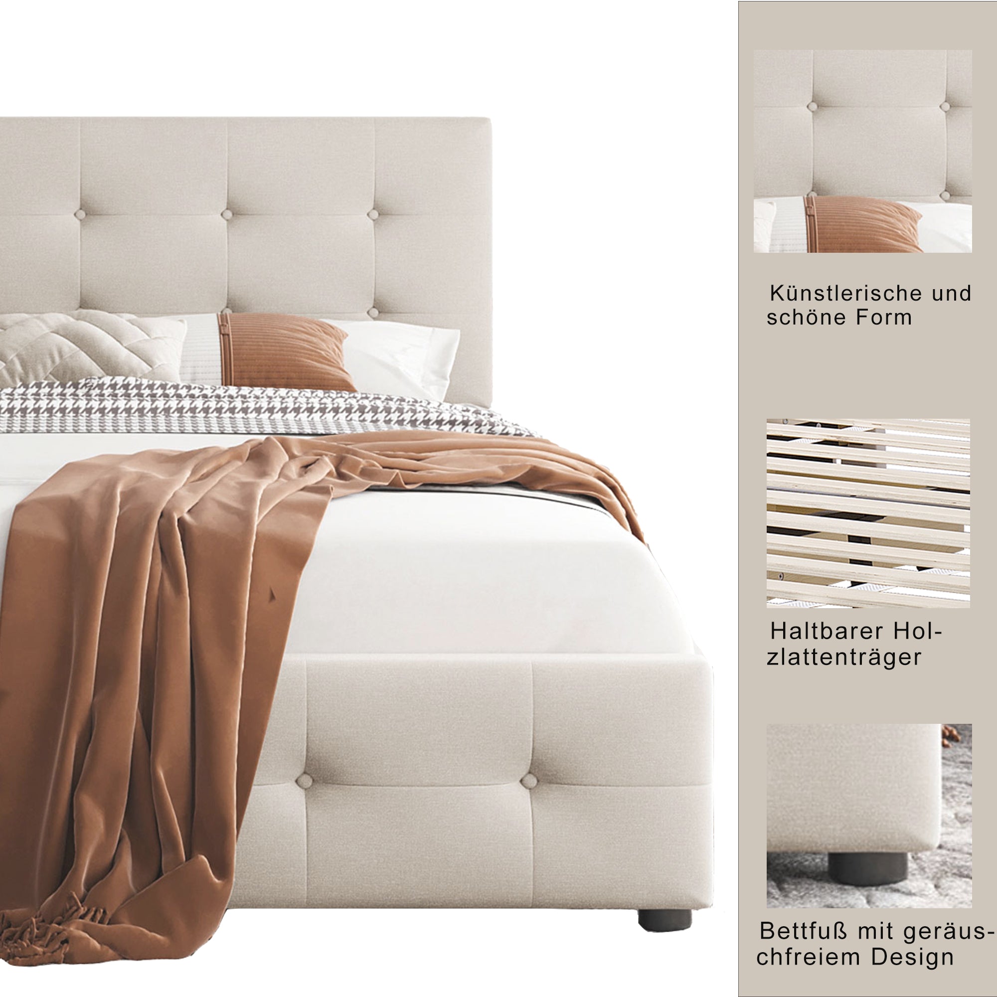 Upholstered Bed, 140x200cm Double with Drawers & Slats, Beige Velvet