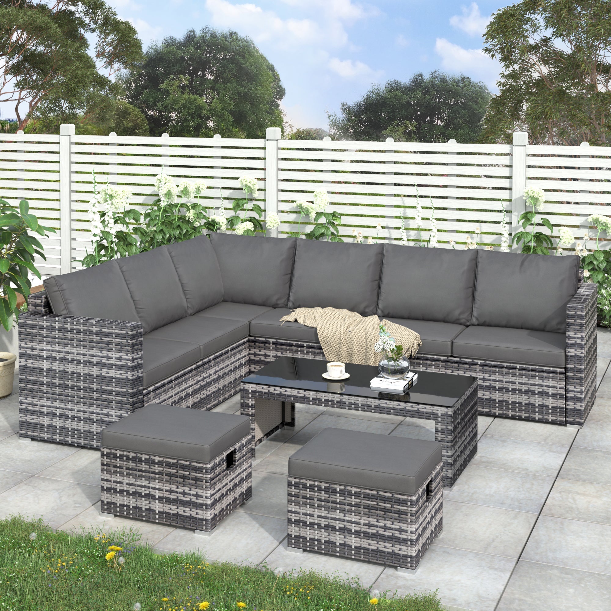 Garden Corner Sofa Set Outdoor Rattan with Coffee Table and 2 Stools