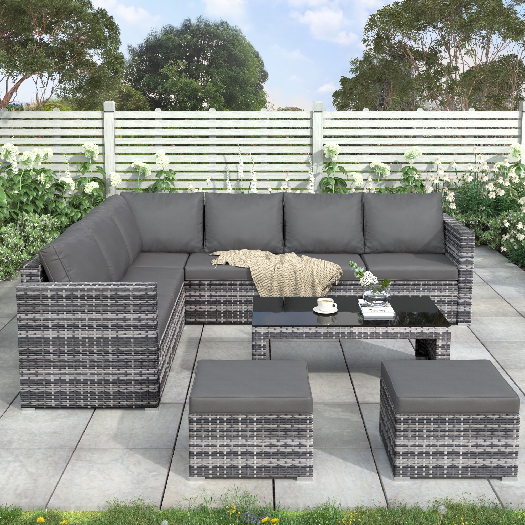 Garden Corner Sofa Set Outdoor Rattan with Coffee Table and 2 Stools