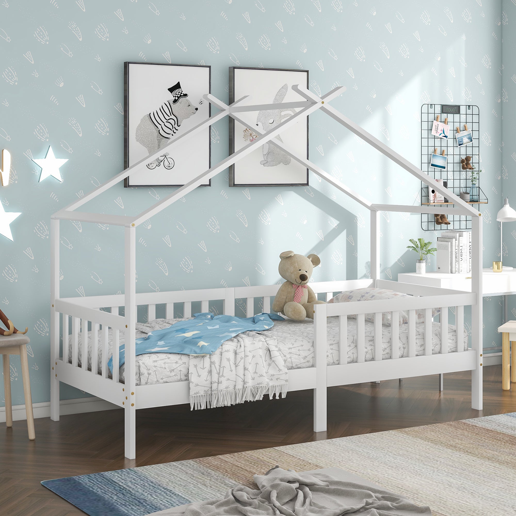 House Bed, Solid Wood Children's Bed with Railing, Slatted Base, Fall Protection, White 200x90 cm