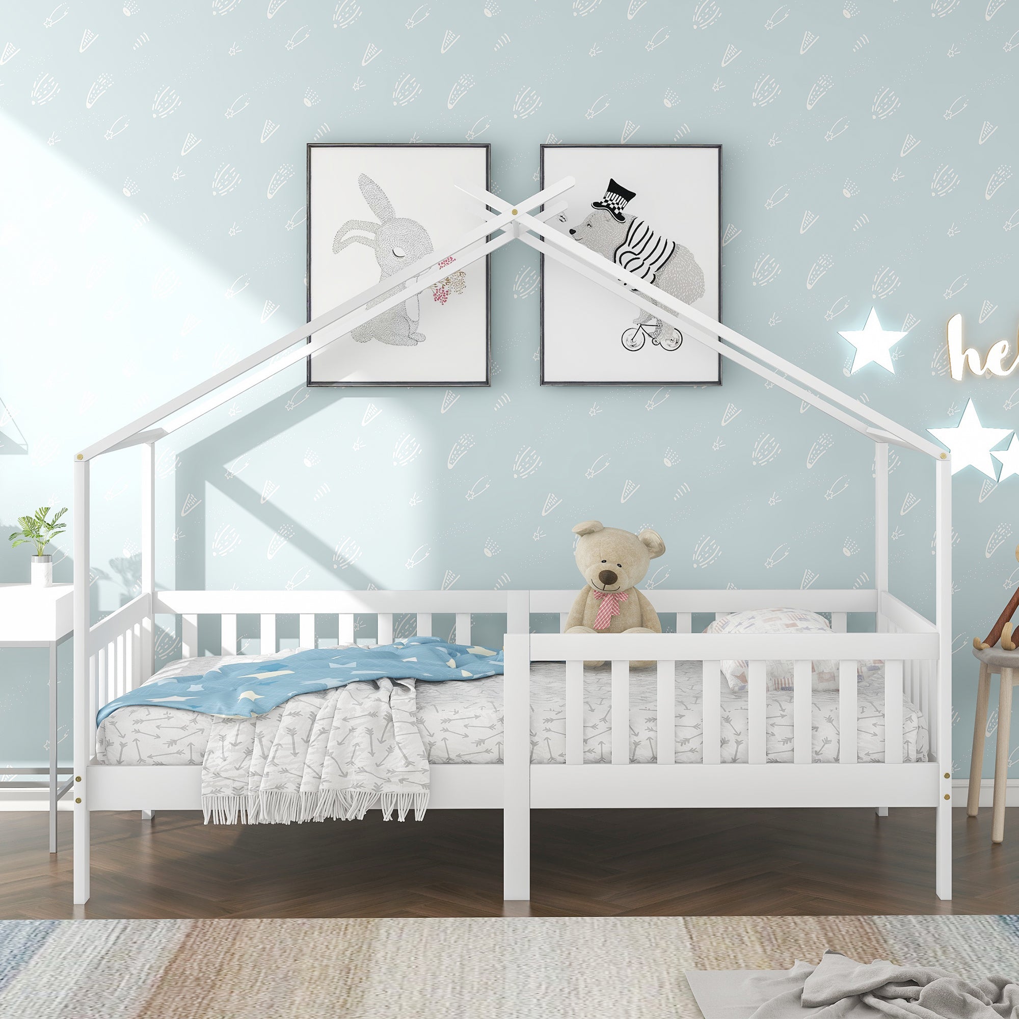 House Bed, Solid Wood Children's Bed with Railing, Slatted Base, Fall Protection, White 200x90 cm