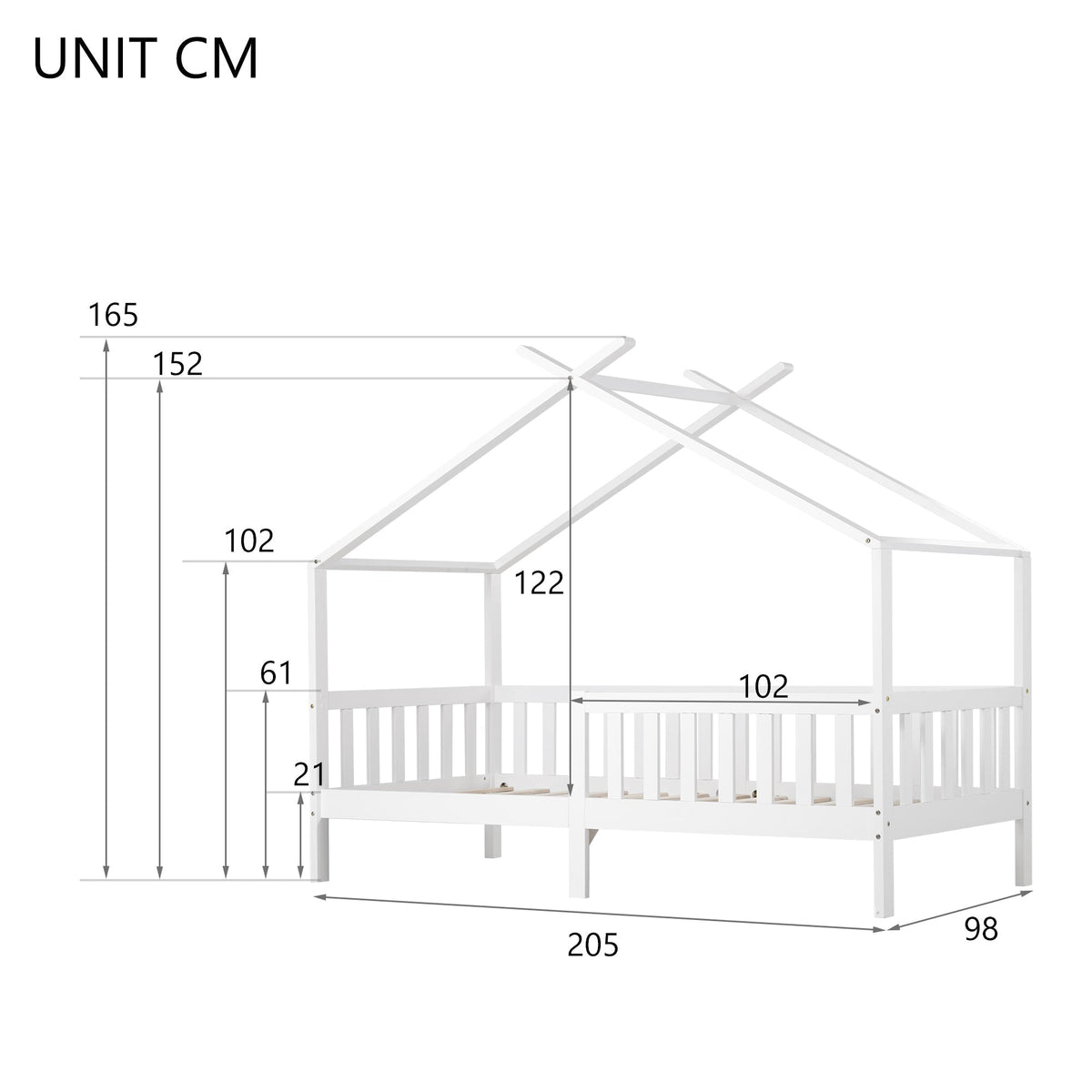 House Bed, Solid Wood Children's Bed with Railing, Slatted Base, Fall Protection, White 200x90 cm