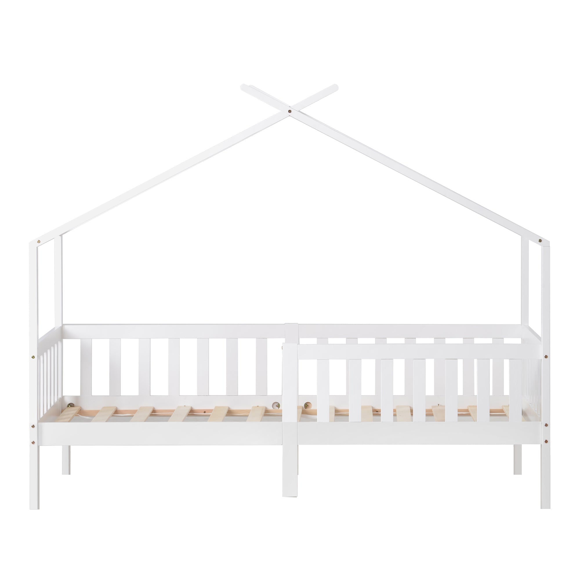 House Bed, Solid Wood Children's Bed with Railing, Slatted Base, Fall Protection, White 200x90 cm