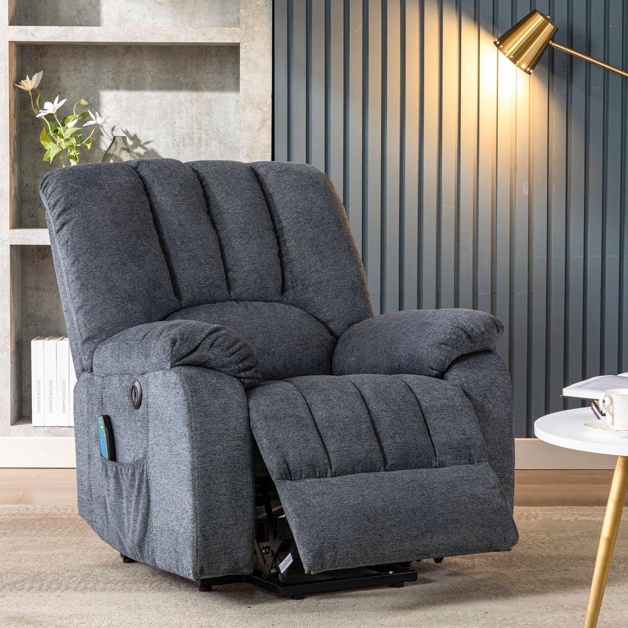 Electric Power Lift Recliner Chair, Massage & Heat, 2 Side Pockets USB Ports, Overstuffed Fabric