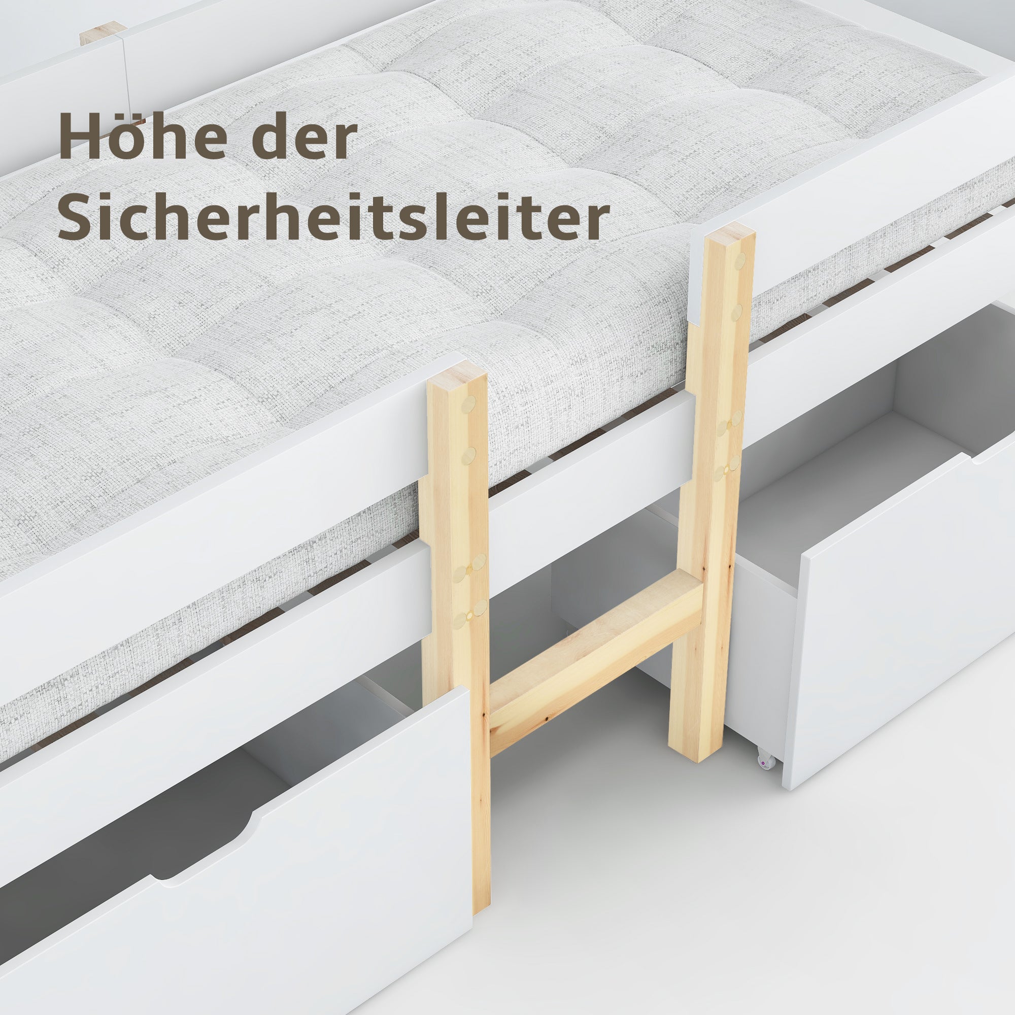 Children's Bed with Drawer & Fall Protection, 90x190cm, Solid Pine Wood, White & Oak