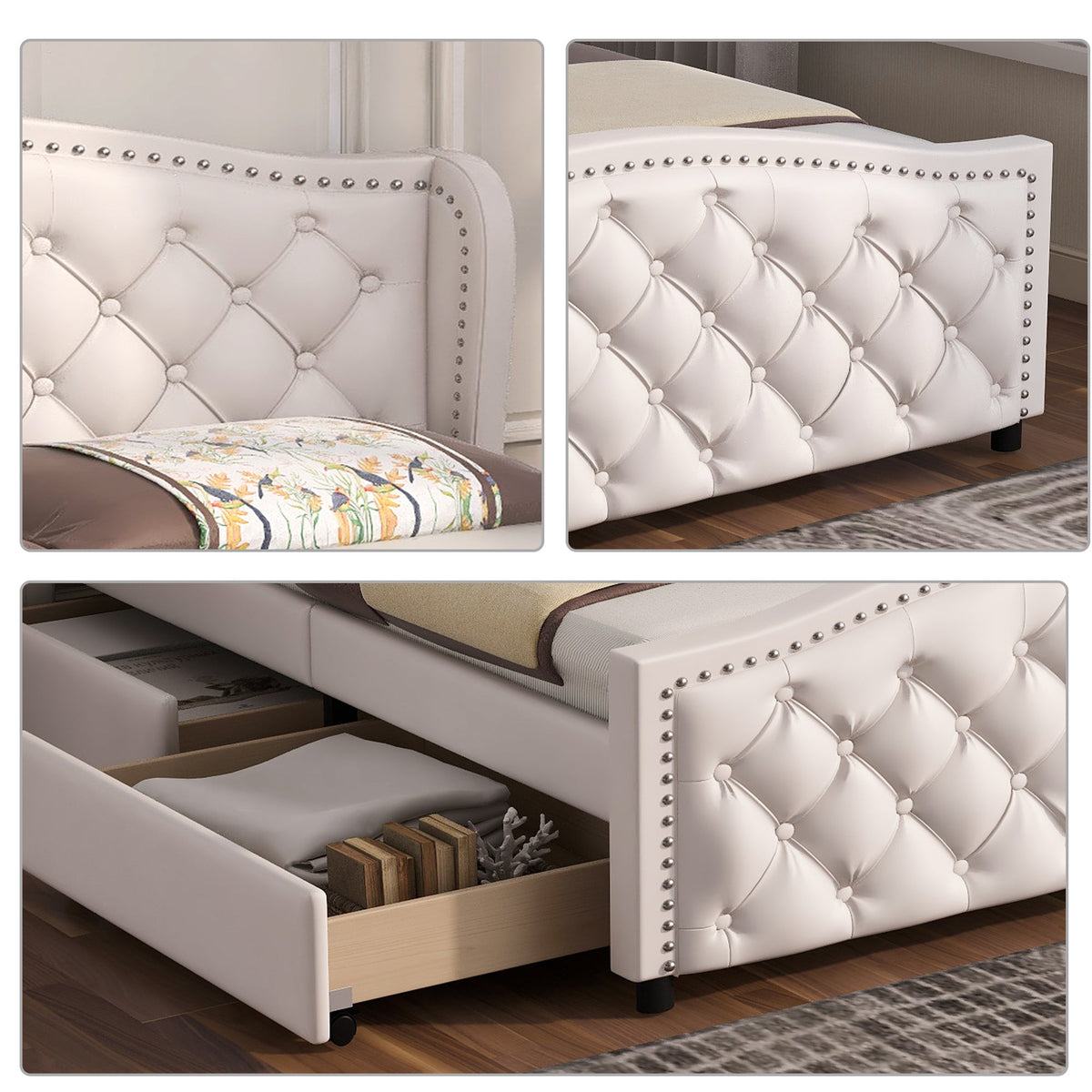 Upholstered Bed 160x200cm with 2 Drawers Rivet Headboard - White Faux Leather
