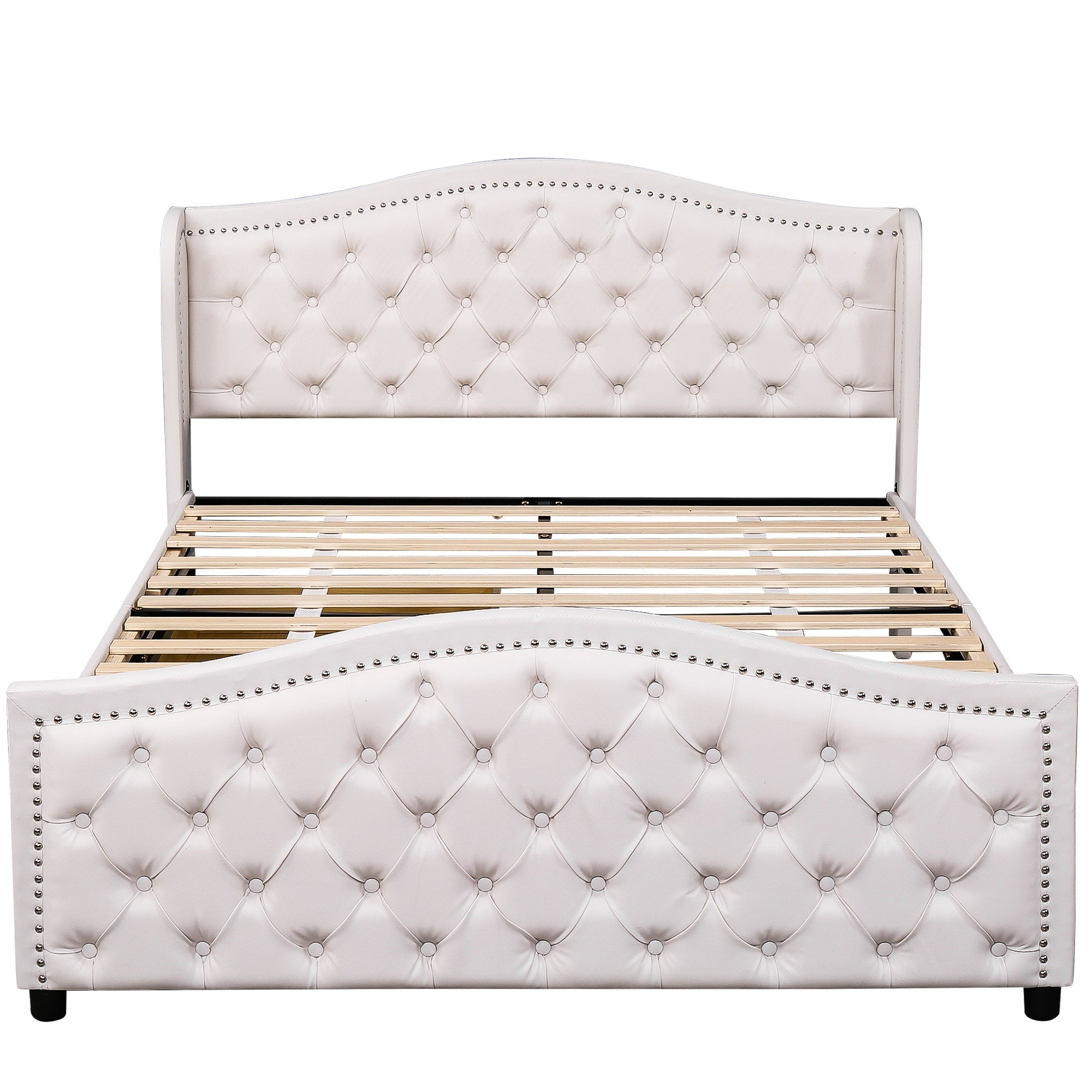 Upholstered Bed 160x200cm with 2 Drawers Rivet Headboard - White Faux Leather