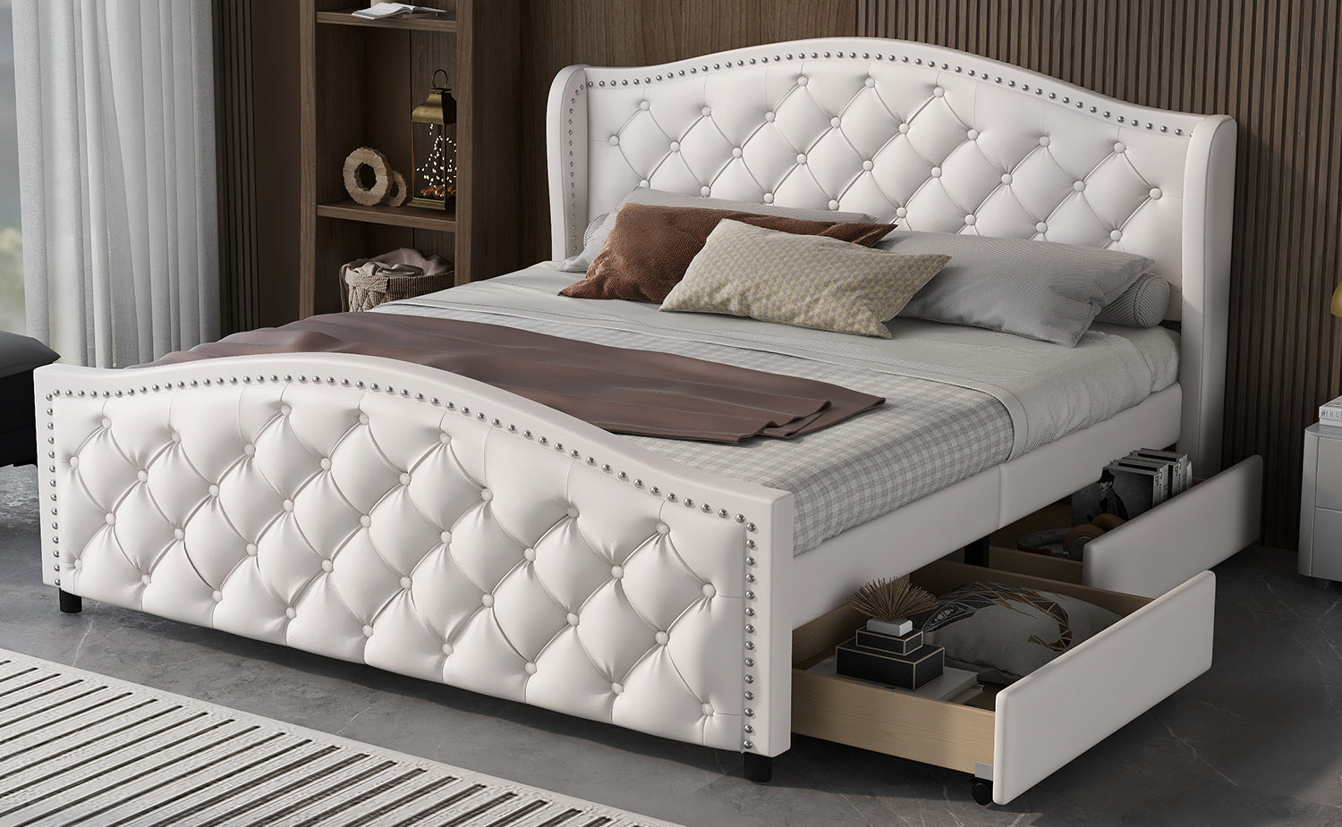 Upholstered Bed 160x200cm with 2 Drawers Rivet Headboard - White Faux Leather