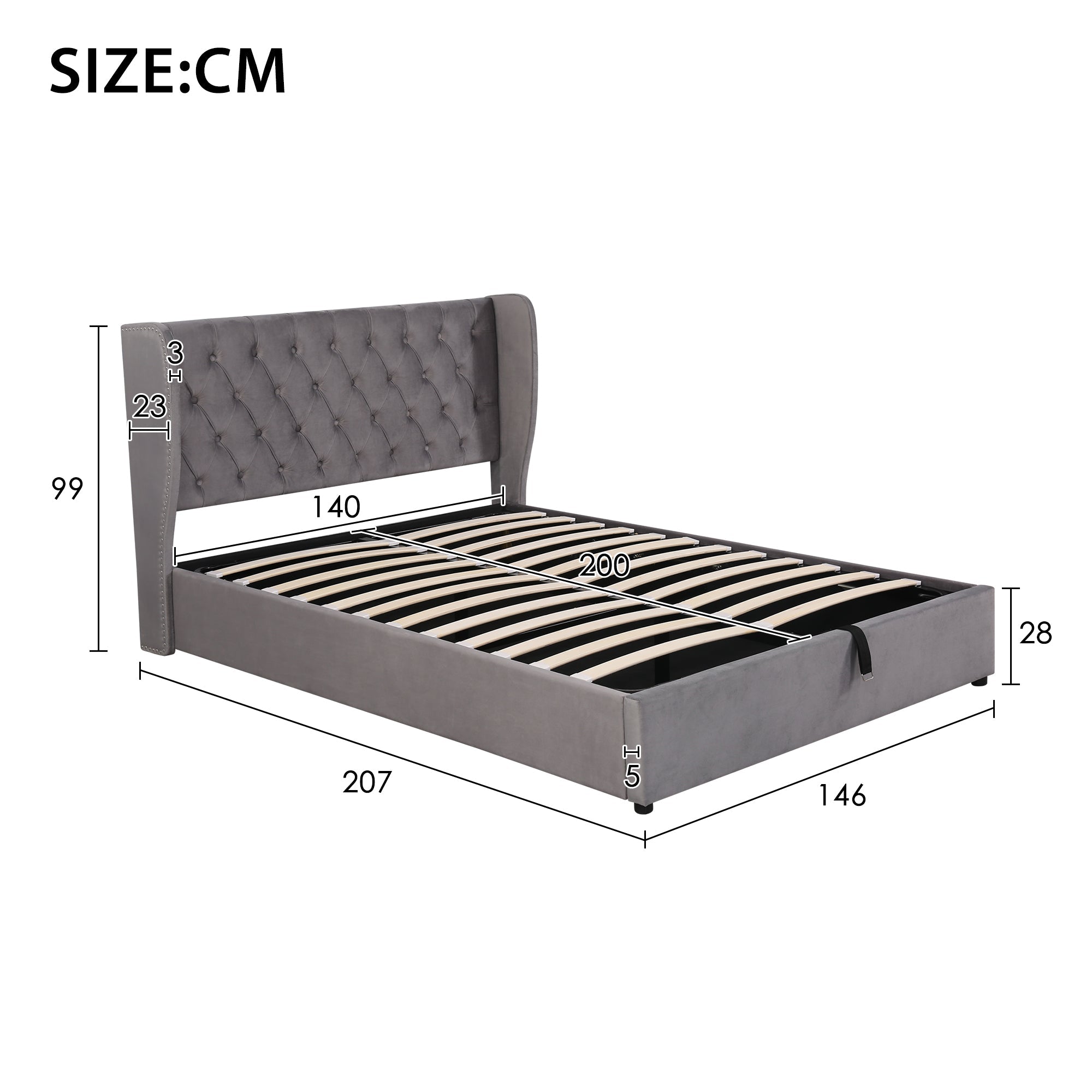 Upholstered Bed 140x200 Hydraulic Storage Slatted Frame with Ear Shape & Button Seams - Velvet Grey