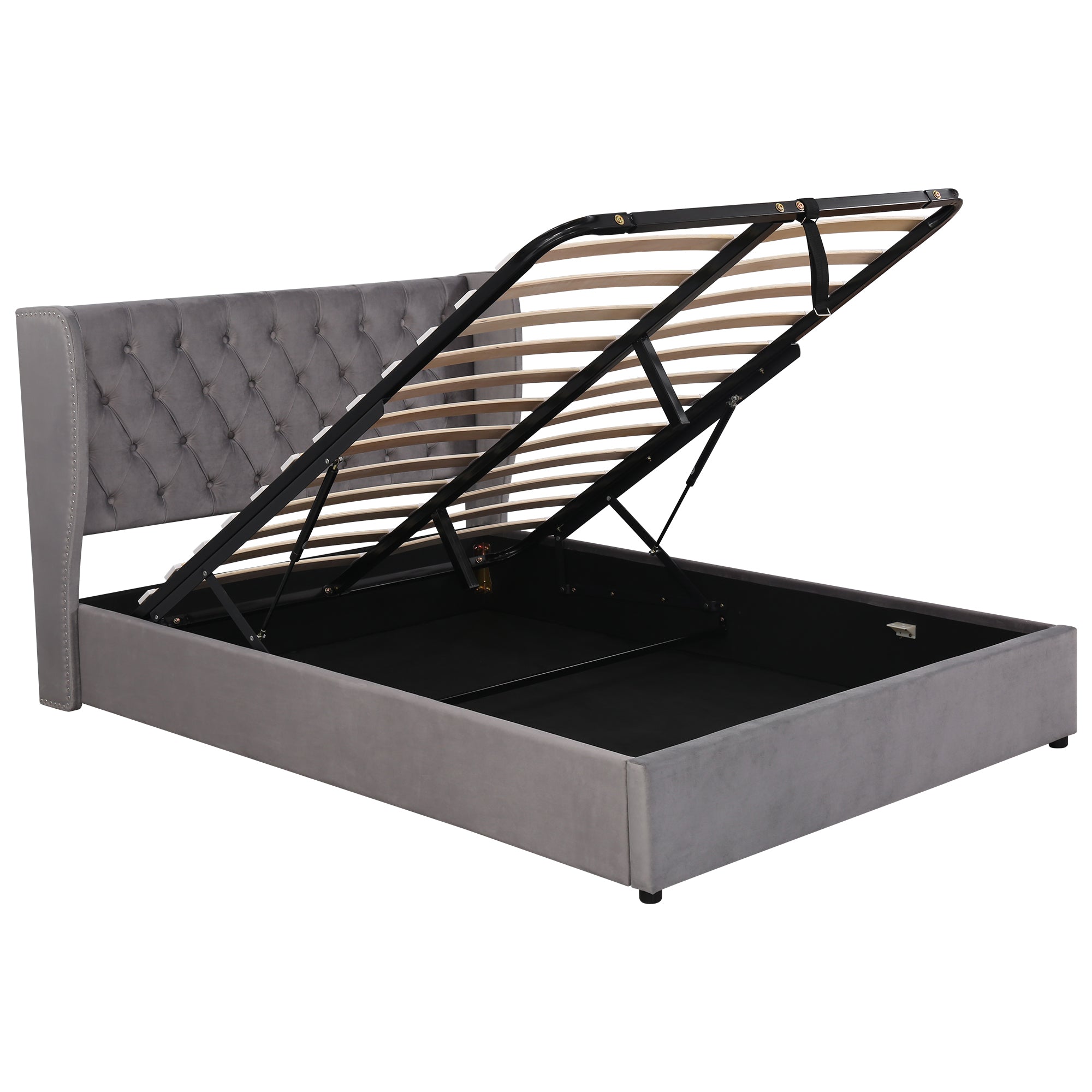Upholstered Bed 140x200 Hydraulic Storage Slatted Frame with Ear Shape & Button Seams - Velvet Grey