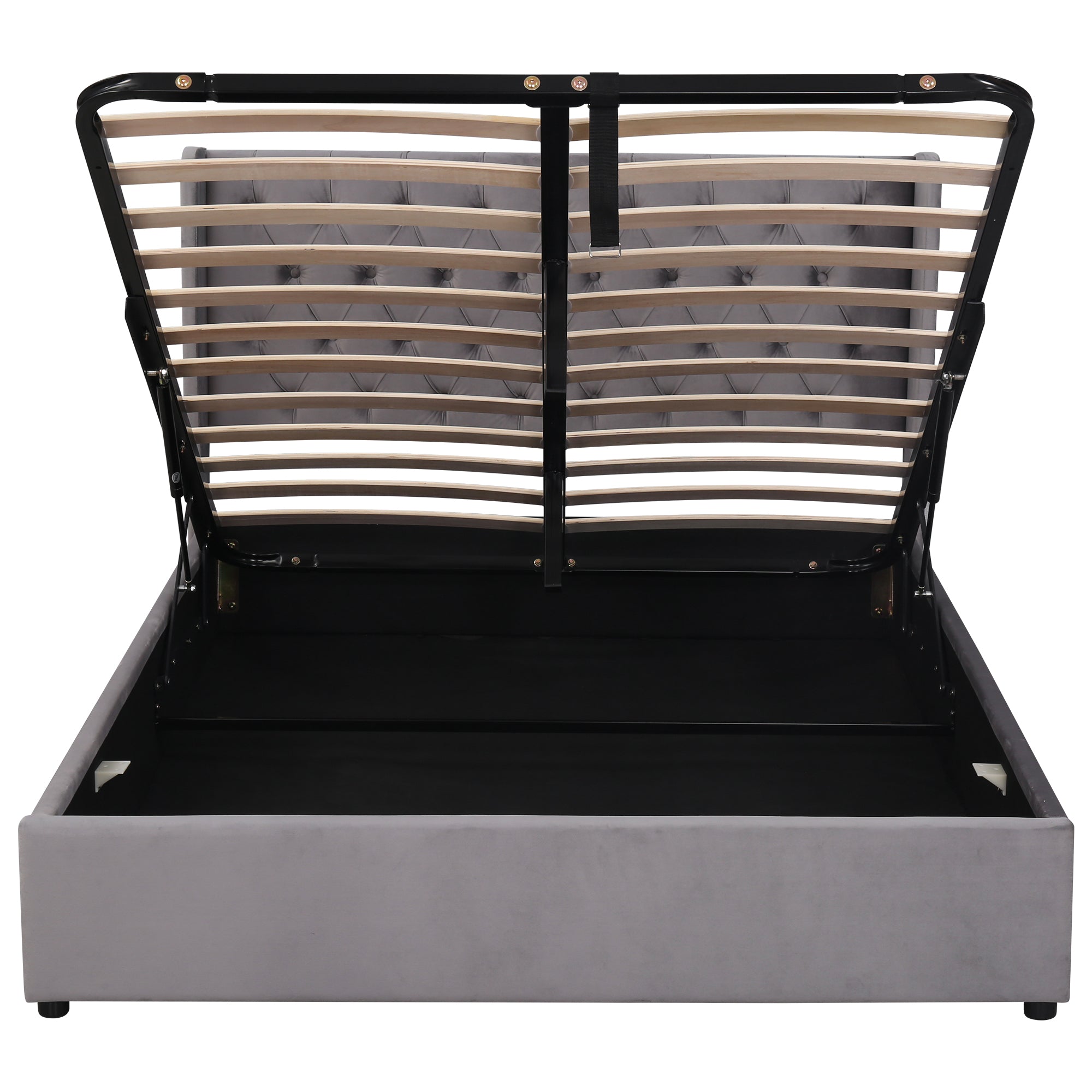Upholstered Bed 140x200 Hydraulic Storage Slatted Frame with Ear Shape & Button Seams - Velvet Grey