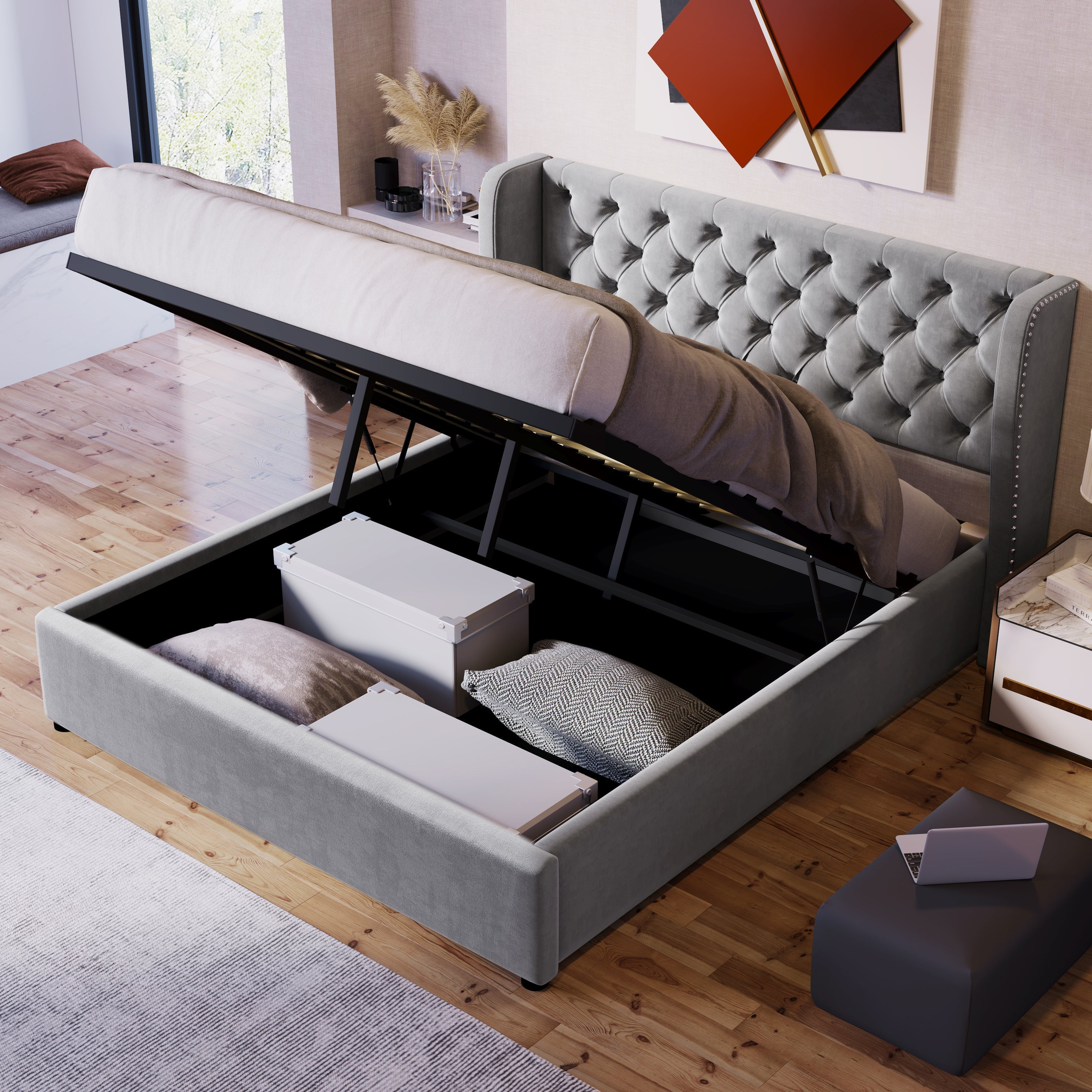 Upholstered Bed 140x200 Hydraulic Storage Slatted Frame with Ear Shape & Button Seams - Velvet Grey