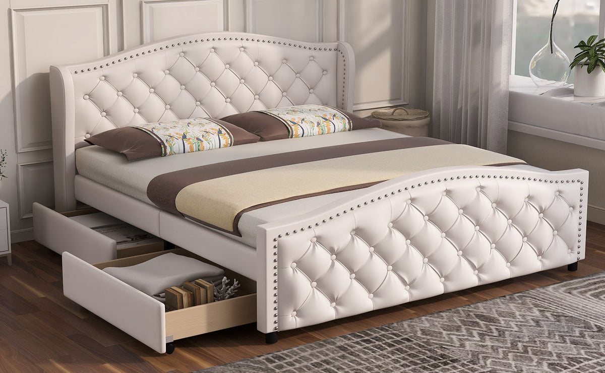 Upholstered Bed 160x200cm with 2 Drawers Rivet Headboard - White Faux Leather