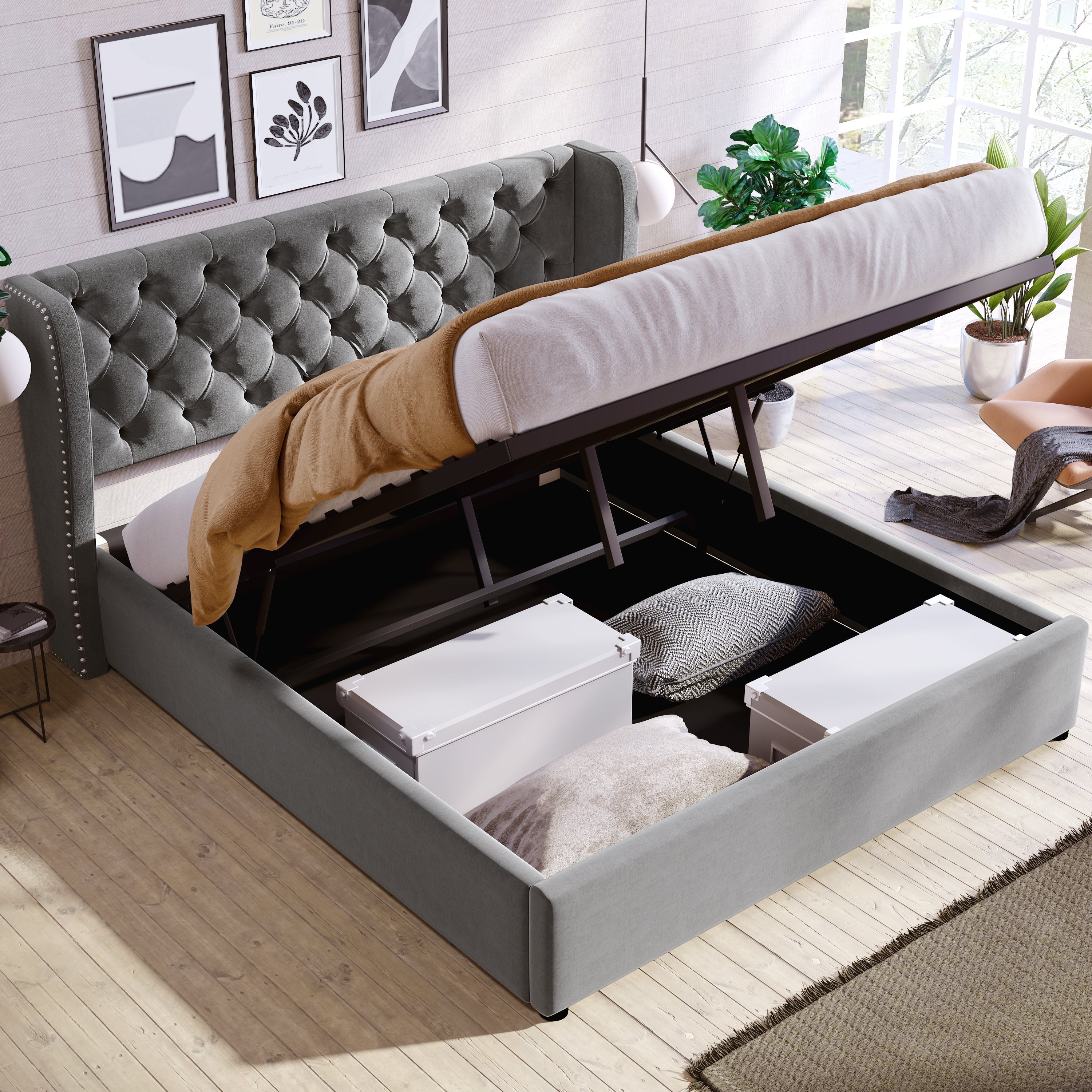 Upholstered Bed 140x200 Hydraulic Storage Slatted Frame with Ear Shape & Button Seams - Velvet Grey
