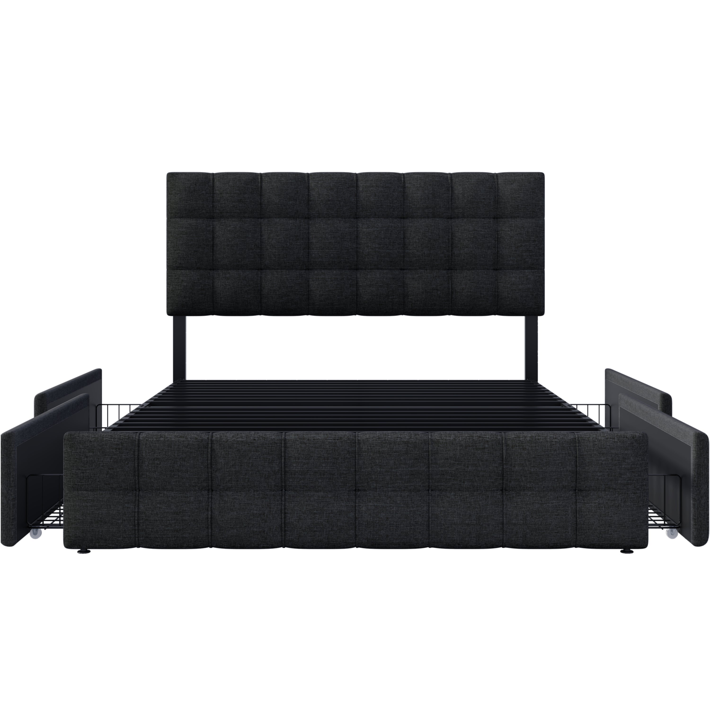 Upholstered Bed with 4 Drawers, Adjustable Headboard, 140x200cm, Black Linen