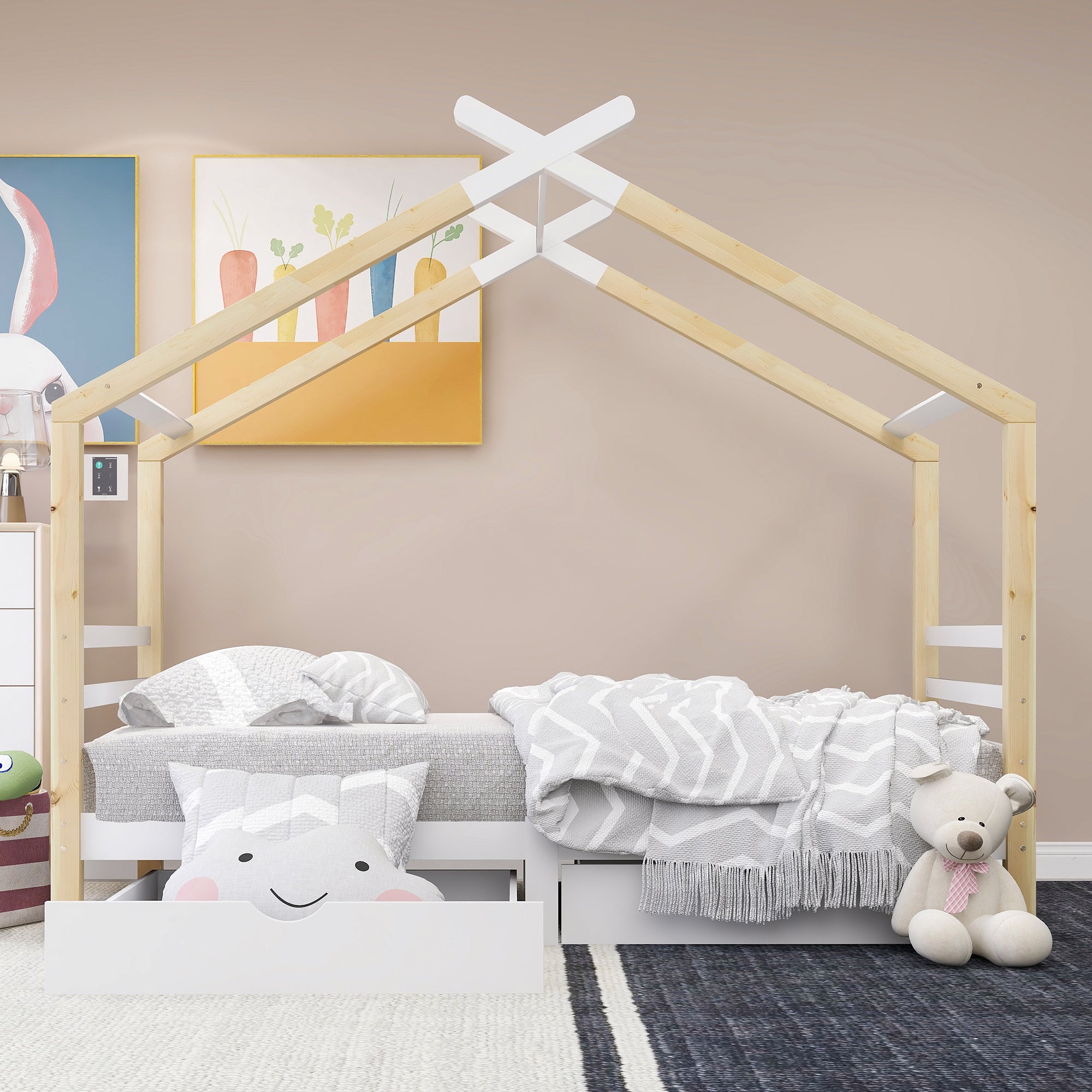 Children's Bed House Bed with Drawers, Solid Pine Wood, White + Wood Color