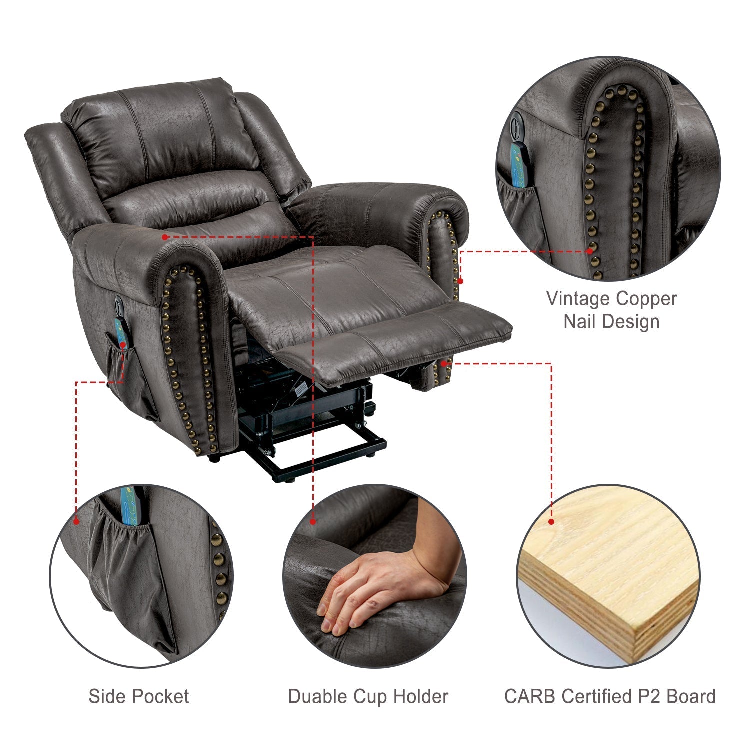 Power Lift Recliner Chair with Massage, Heat, and USB Port, Heavy Duty Electric Faux Leather