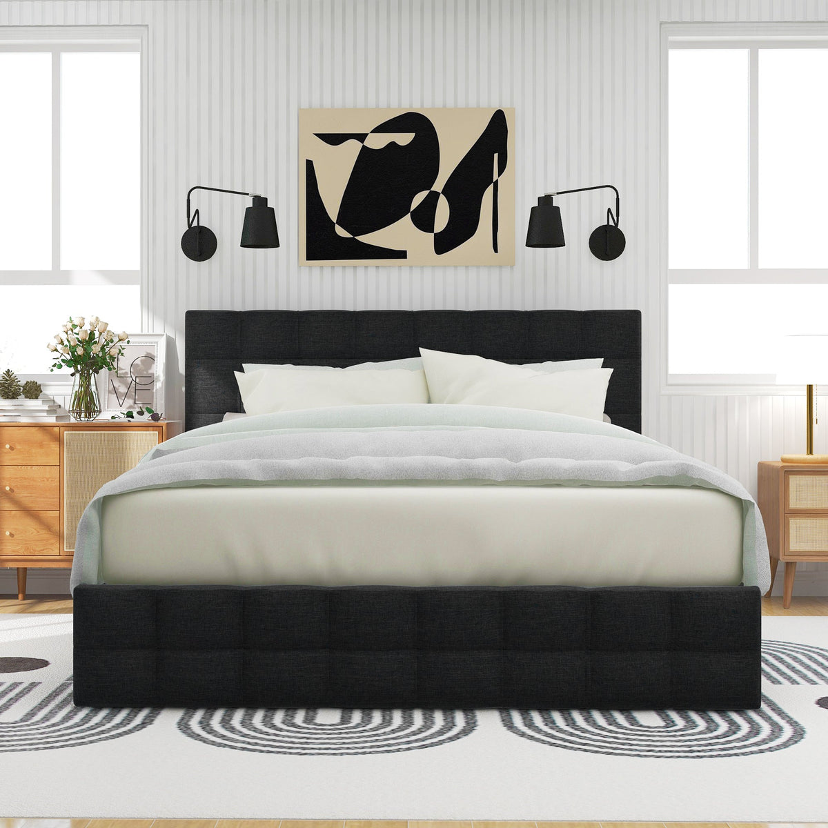 Upholstered Bed with 4 Drawers, Adjustable Headboard, 140x200cm, Black Linen