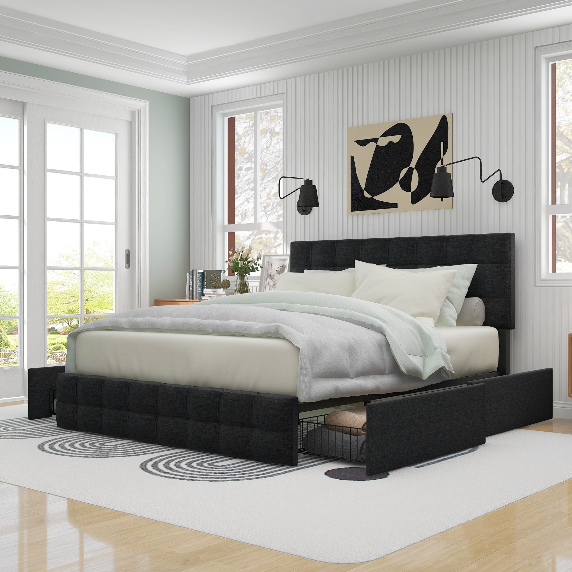 Upholstered Bed with 4 Drawers, Adjustable Headboard, 140x200cm, Black Linen