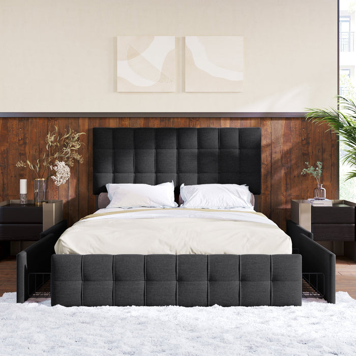 Upholstered Bed with 4 Drawers, Adjustable Headboard, 140x200cm, Black Linen