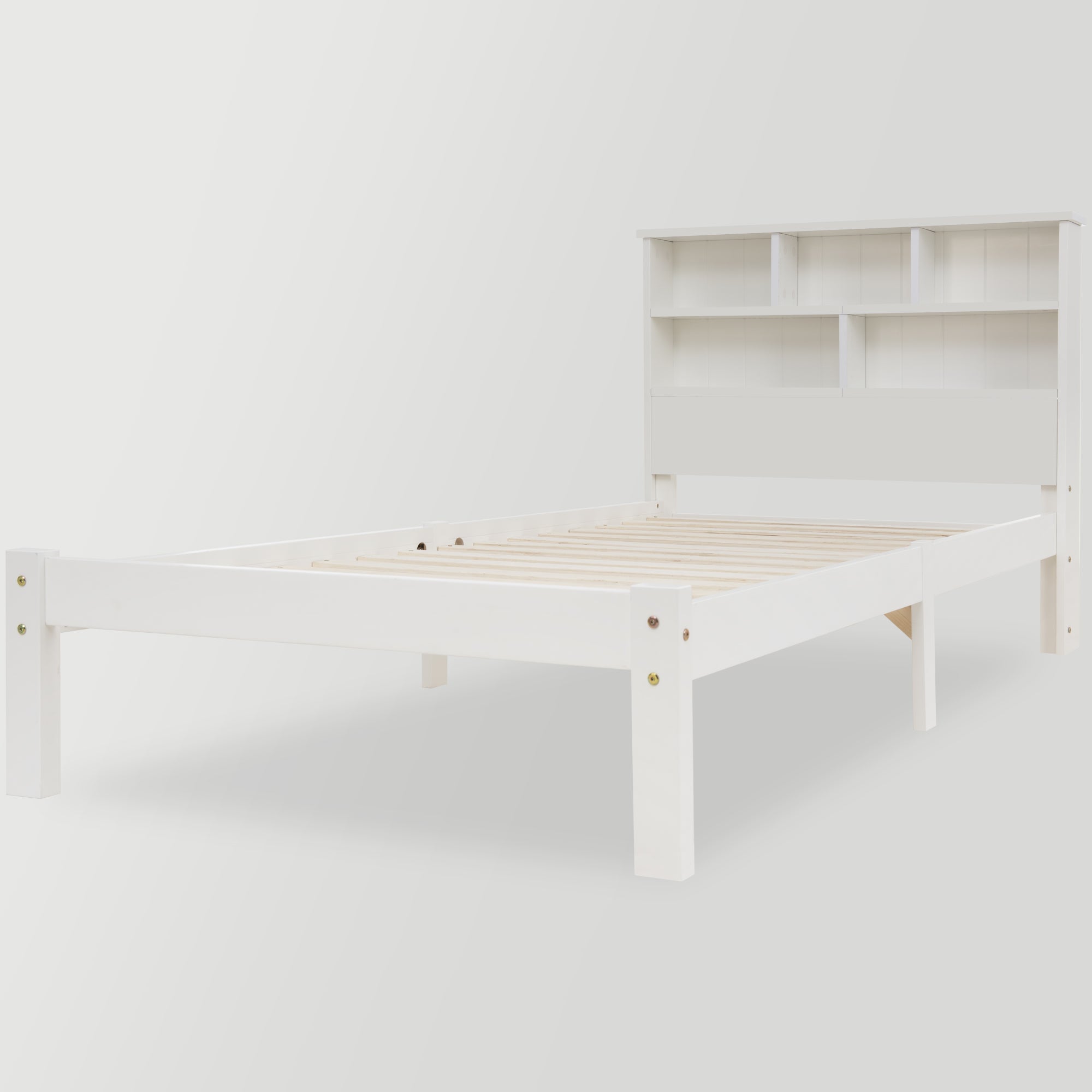 Solid Wood Single Bed with Drawers & Slatted Frame, Bookcase, White