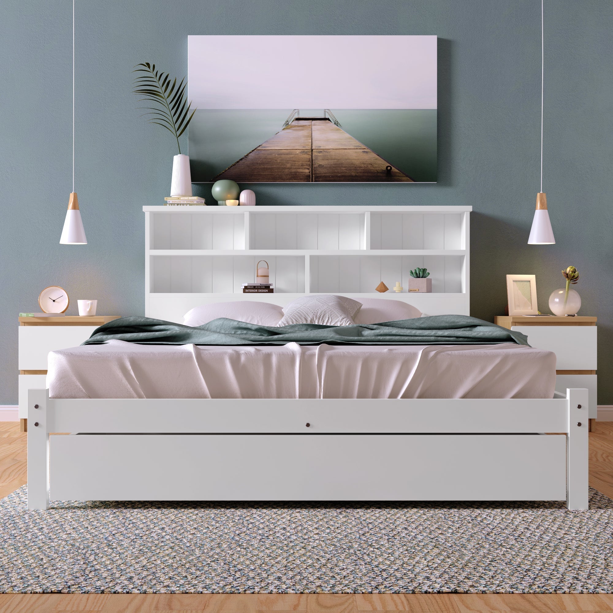 Double Bed with Drawers, Slatted Frame & Bookcase, 140x200cm White Solid Wood