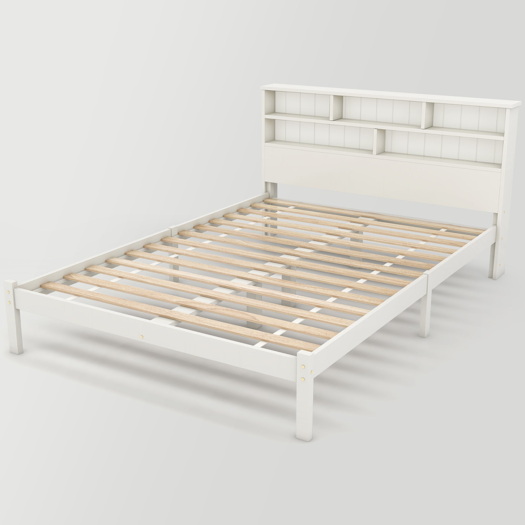 Double Bed with Drawers, Slatted Frame & Bookcase, 140x200cm White Solid Wood