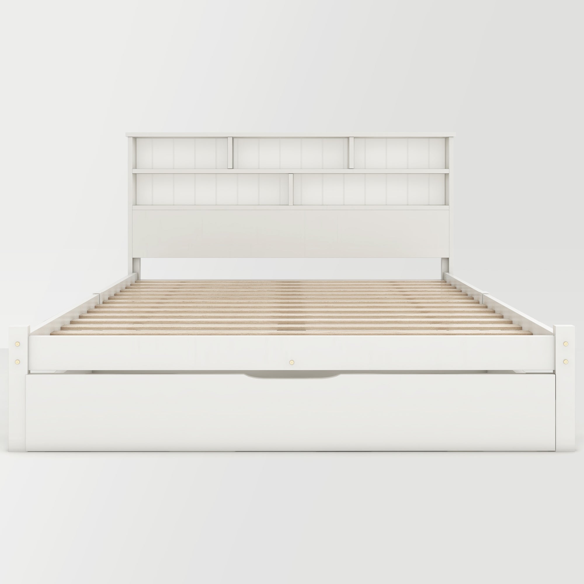 Double Bed with Drawers, Slatted Frame & Bookcase, 140x200cm White Solid Wood