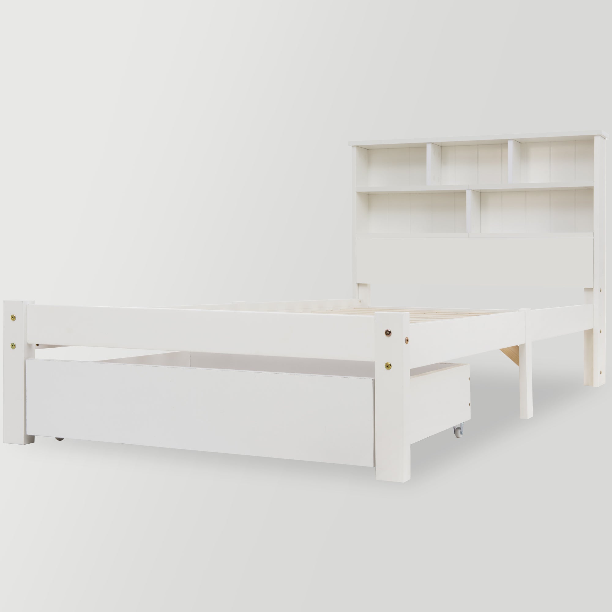 Solid Wood Single Bed with Drawers & Slatted Frame, Bookcase, White