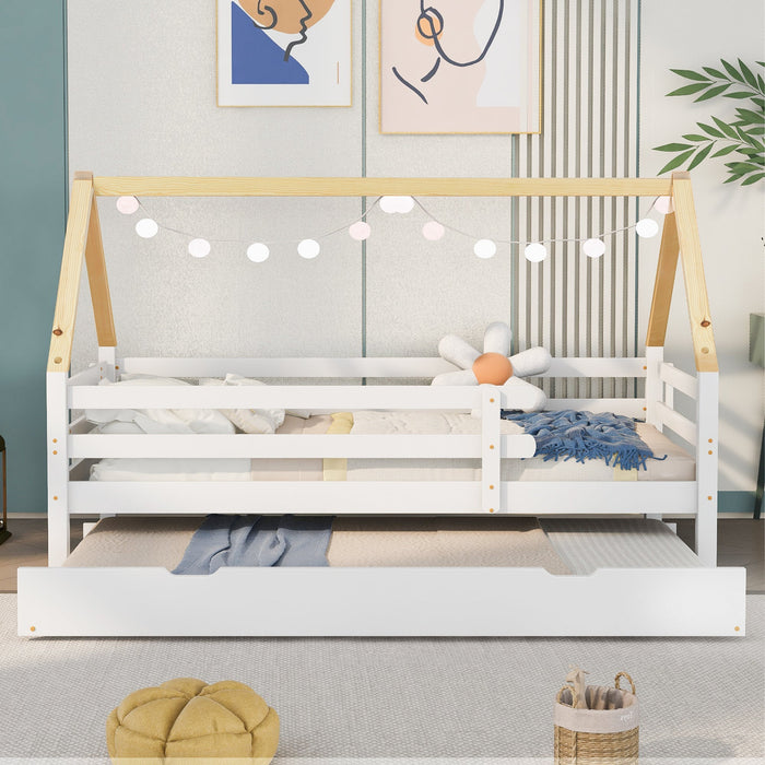 Treehouse Bed, Single with Pull-Out & Sliding Rollers, Solid Wood White & Natural