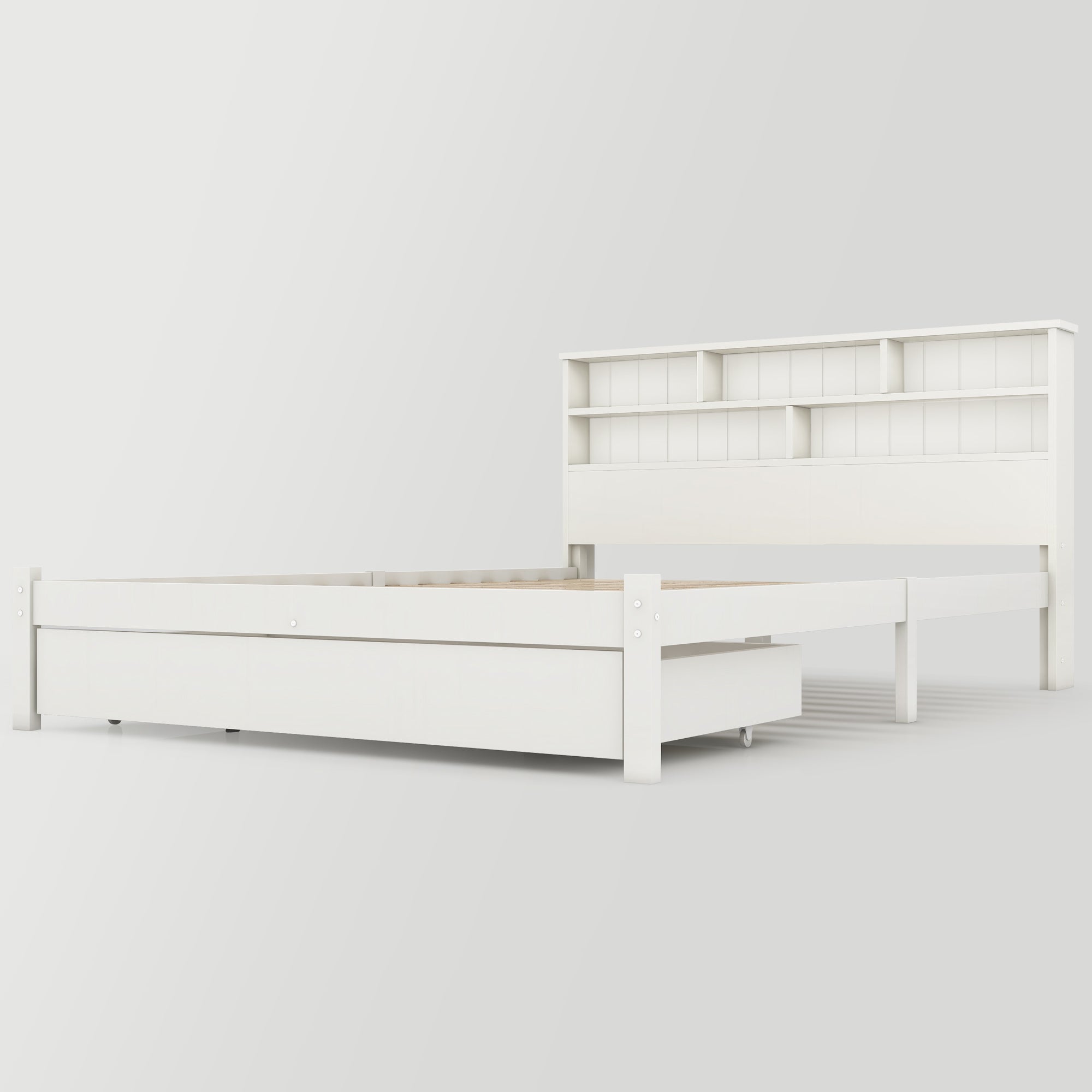 Bed with Shelves and Underbed Drawer, 4ft6 Double (135 x 190 cm) White Wooden Storage Bed