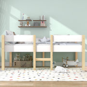 Children's bed with fall protection, 90x190 cm, solid pine wood, white & oak