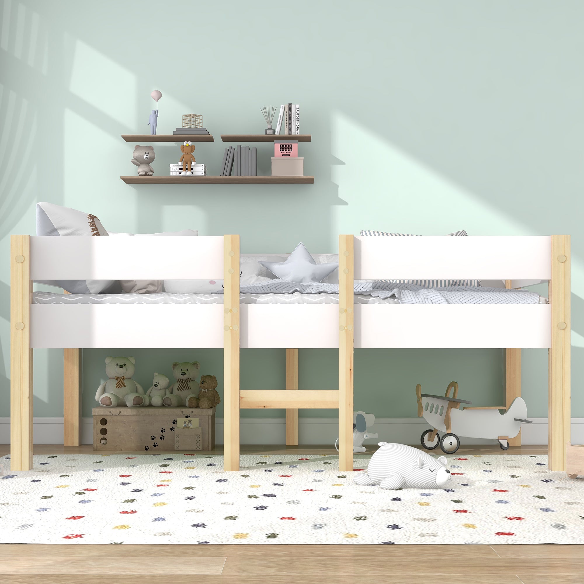 Children's bed with fall protection, 90x190 cm, solid pine wood, white & oak