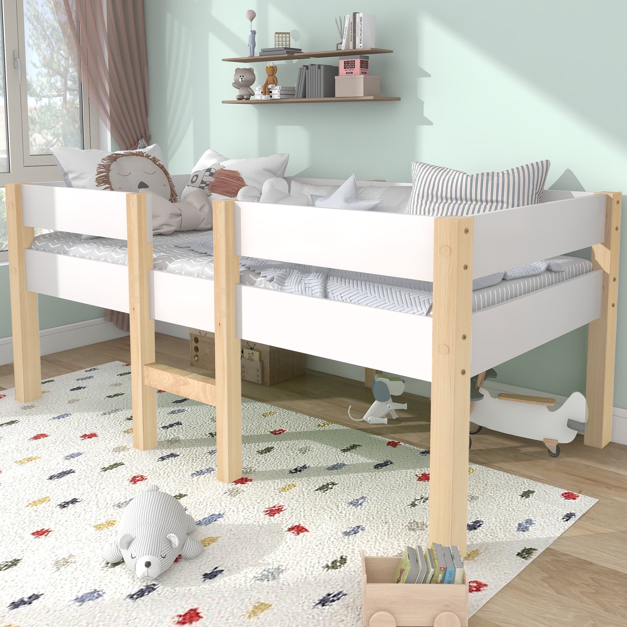 Children's bed with fall protection, 90x190 cm, solid pine wood, white & oak