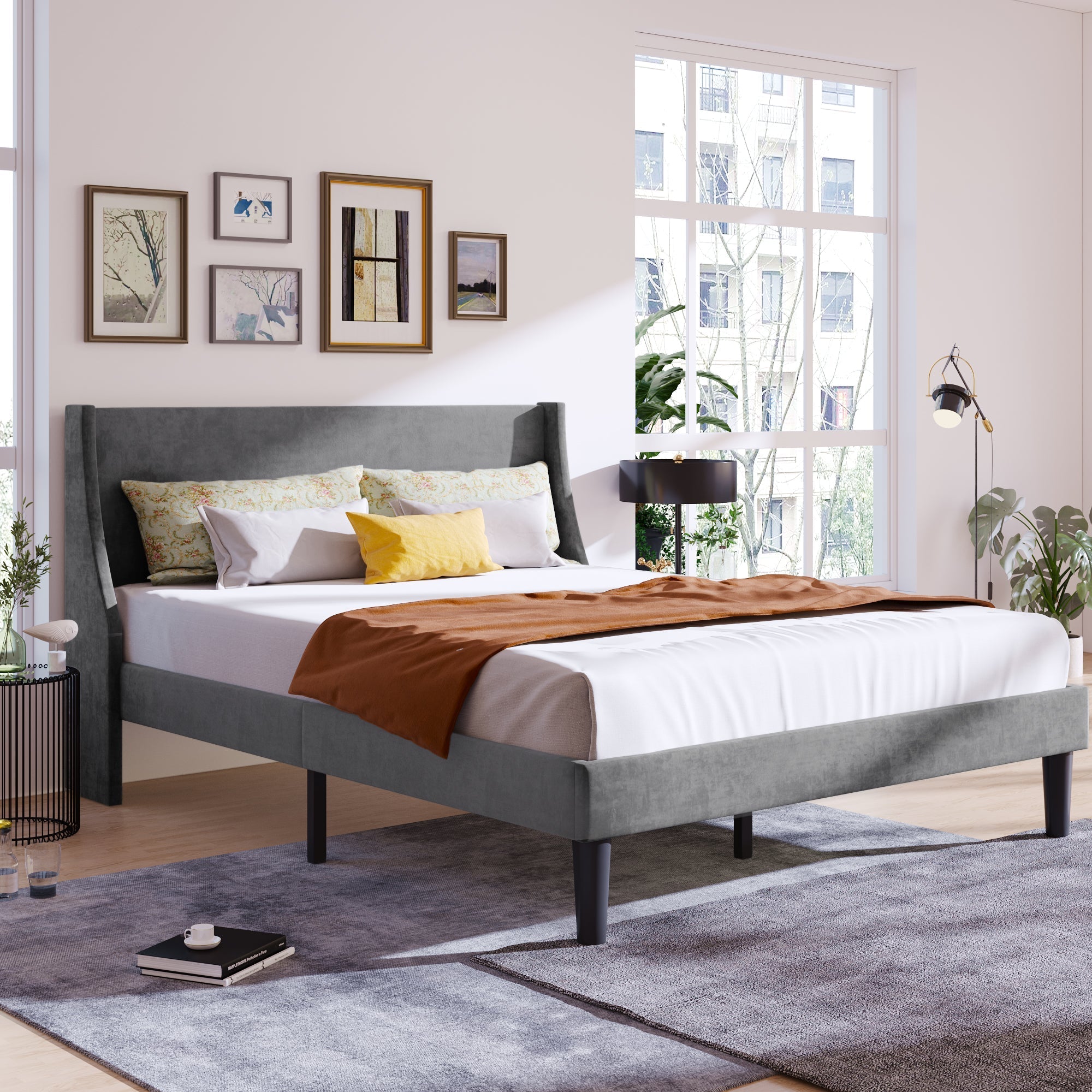 Double Bed Velvet Grey 4FT6 Upholstered Bed with Winged Headboard, Wood Slat Support