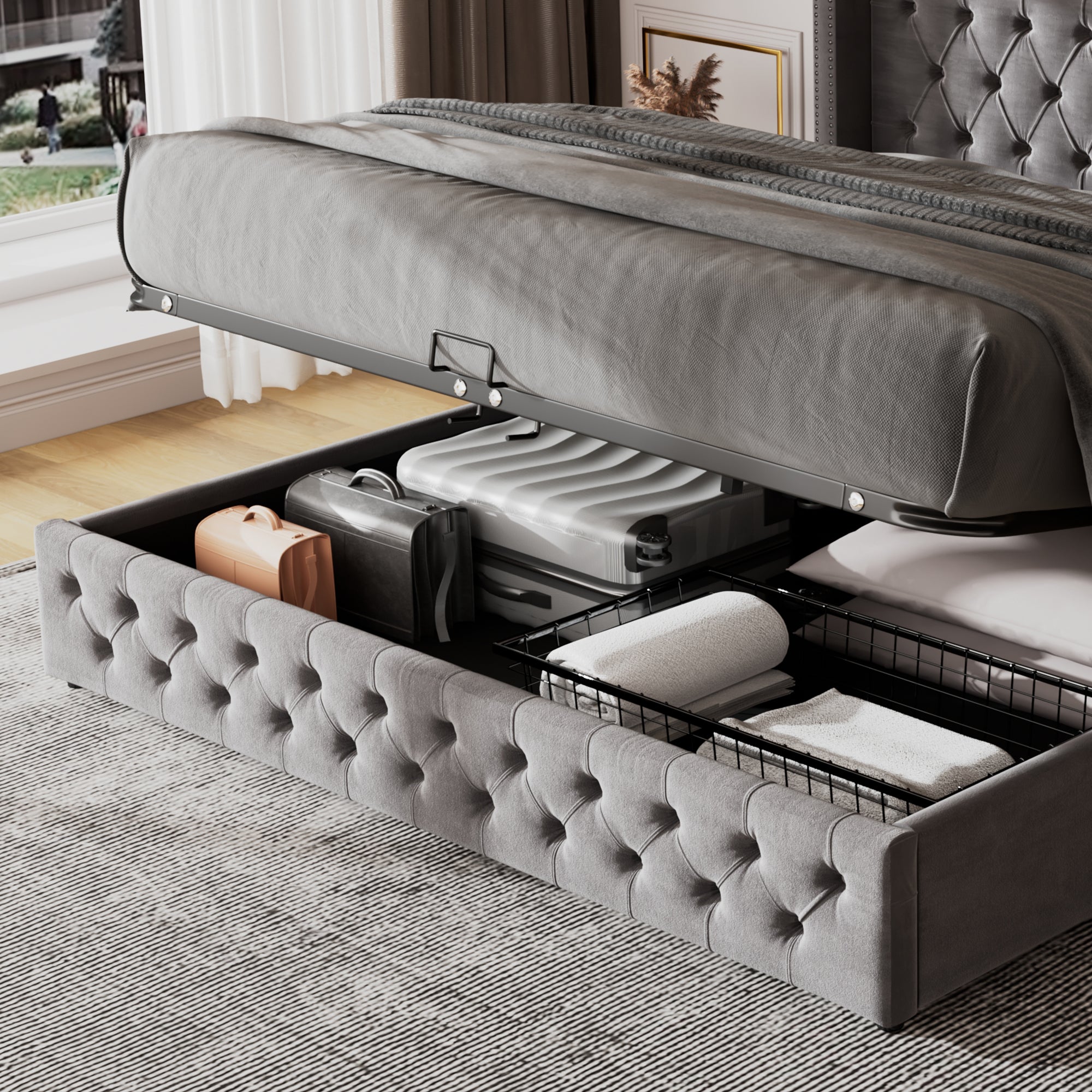 Upholstered Bed with Ear-Shaped Headboard and Hydraulic Storage, 140x200cm, Grey Flannel