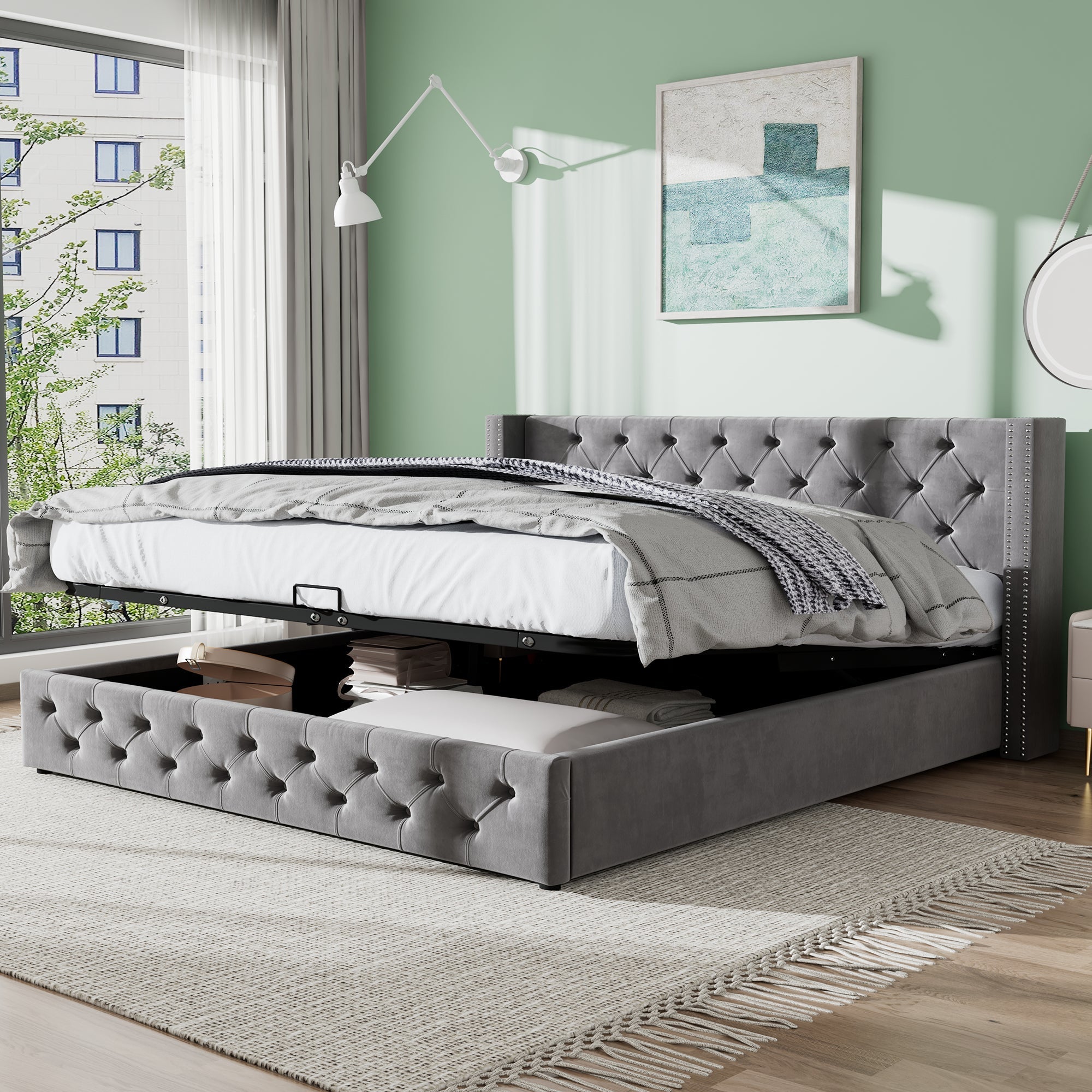 Upholstered Bed with Ear-Shaped Headboard and Hydraulic Storage, 140x200cm, Grey Flannel