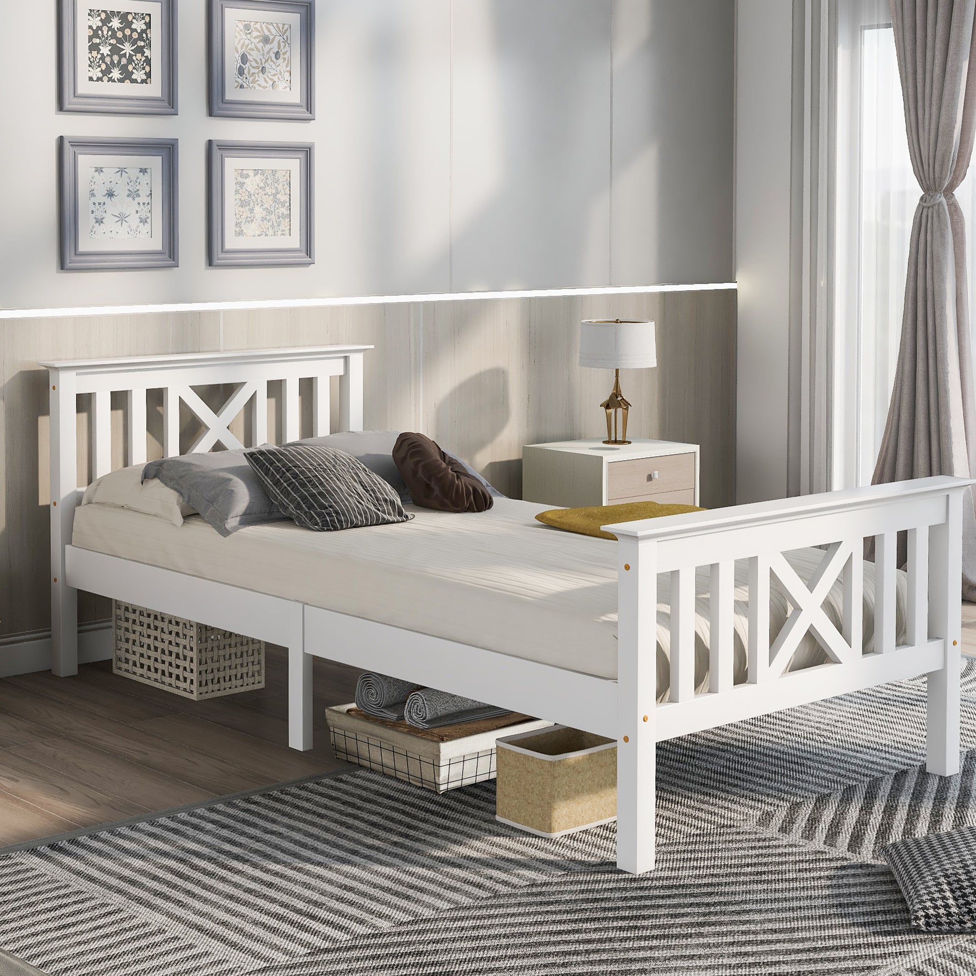 Wooden Bed Single, Bed Frame with Slatted Frame and Headboard, 90 x 200 cm, Solid Pine White