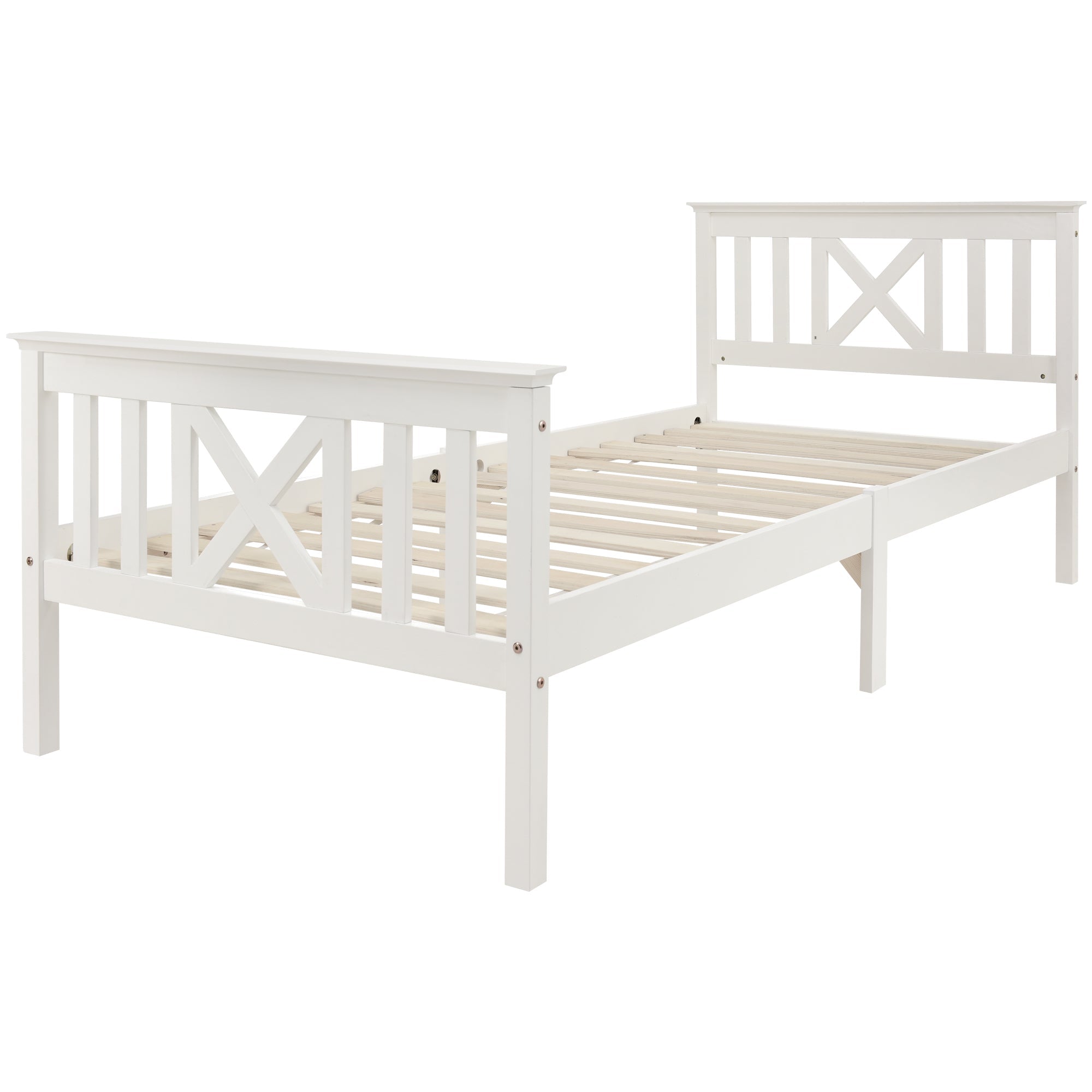 Wooden Bed Single, Bed Frame with Slatted Frame and Headboard, 90 x 200 cm, Solid Pine White