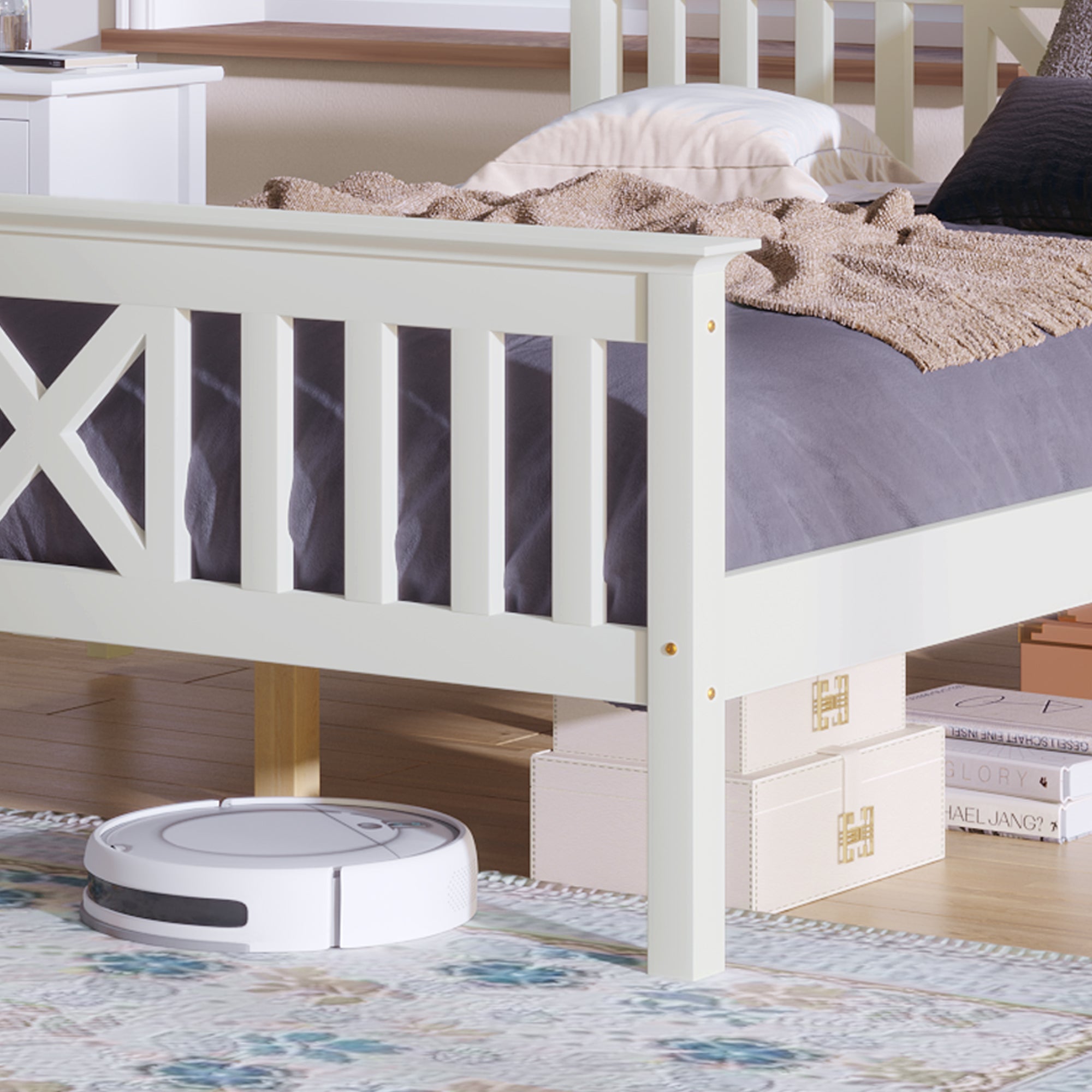 Wooden Bed Single, Bed Frame with Slatted Frame and Headboard, 90 x 200 cm, Solid Pine White