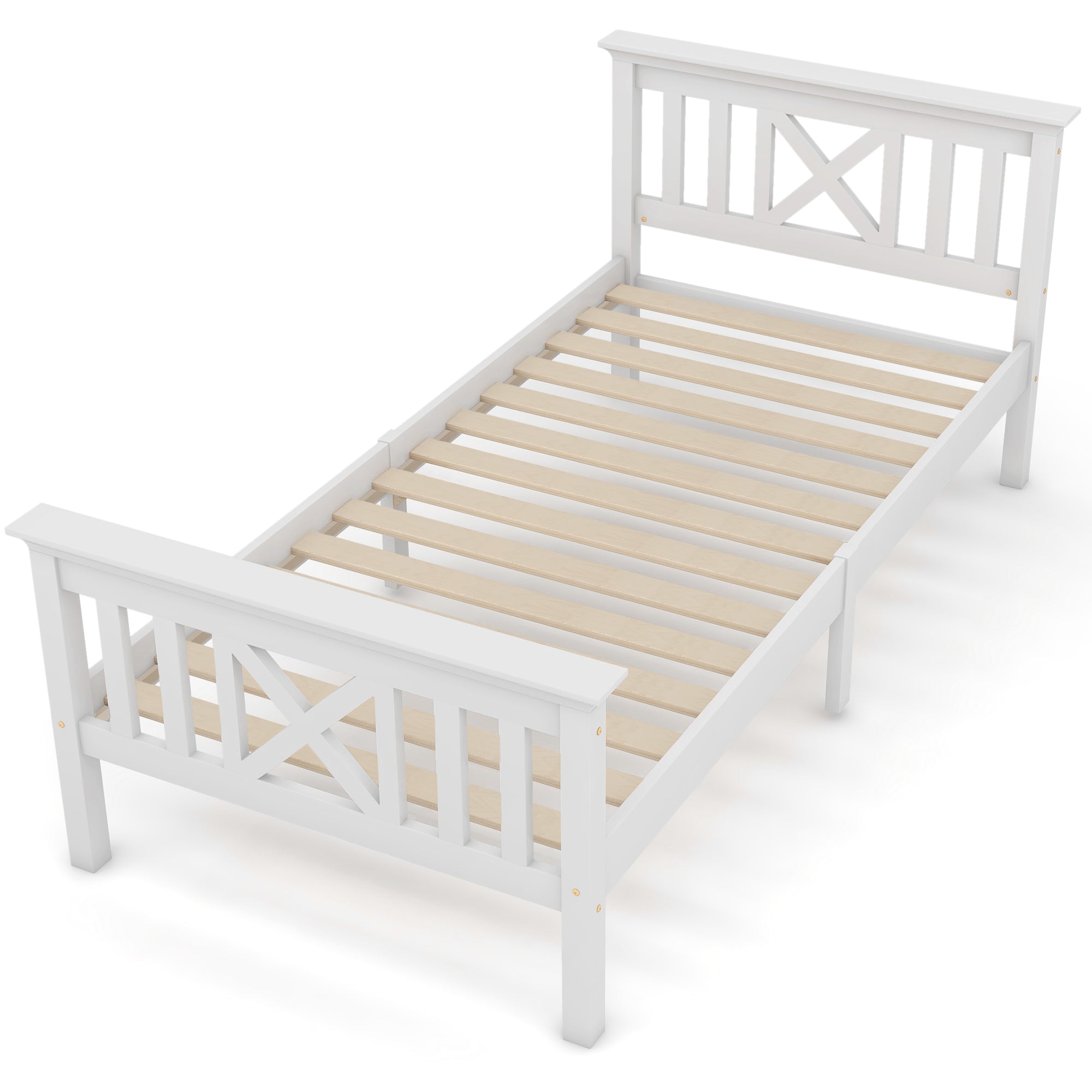 Wooden Bed Single, Bed Frame with Slatted Frame and Headboard, 90 x 200 cm, Solid Pine White