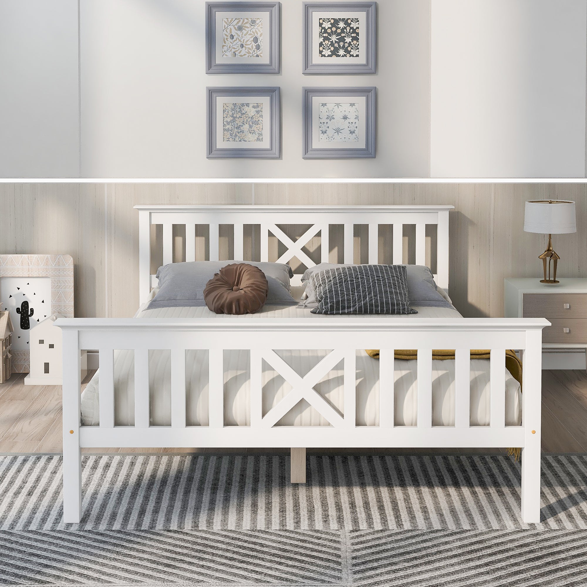Wooden Bed Double Bed, 140 x 200 cm, Solid Pine, White