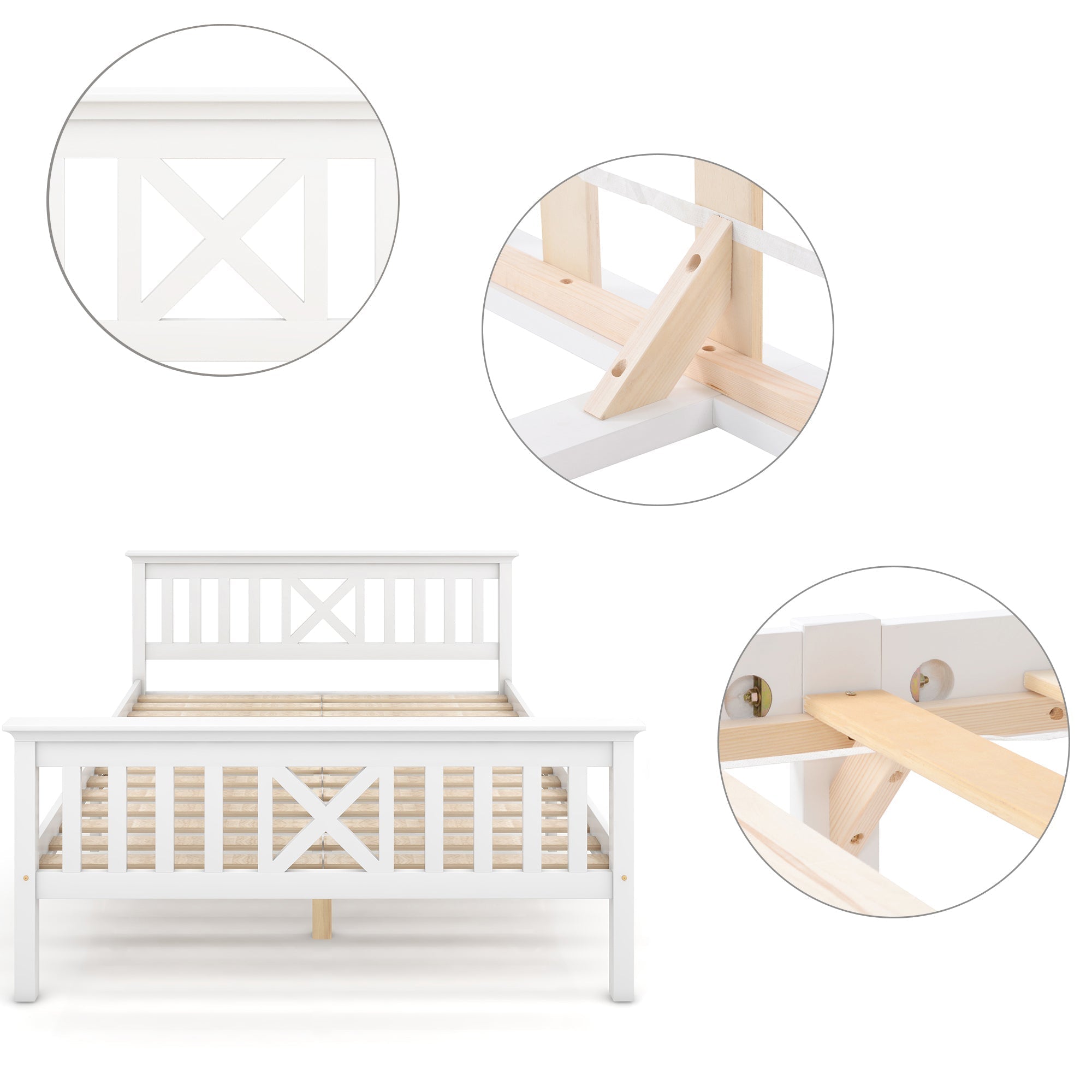 Wooden Bed Double Bed, 140 x 200 cm, Solid Pine, White